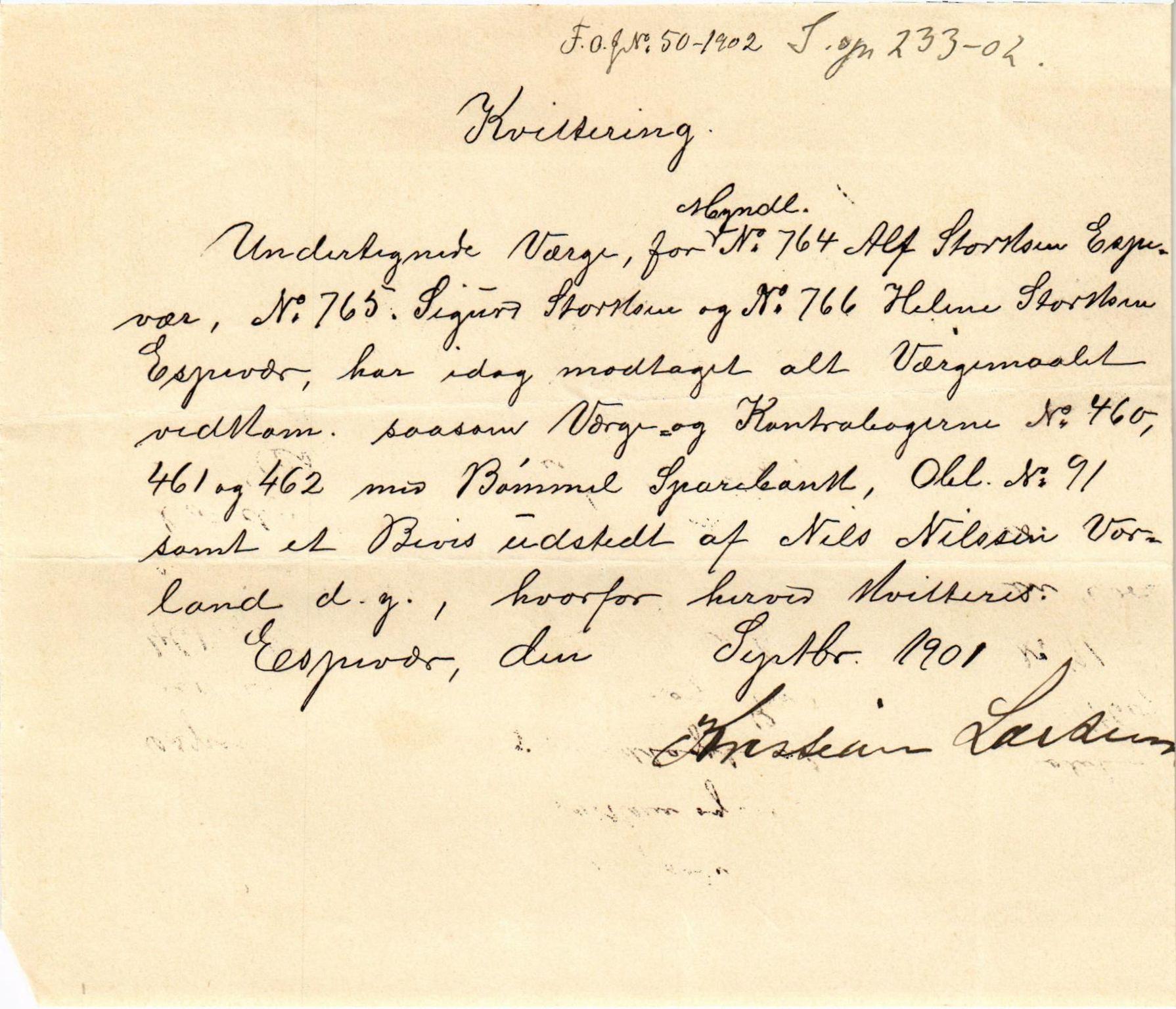 Finnaas kommune. Overformynderiet, IKAH/1218a-812/D/Da/Daa/L0002/0002: Kronologisk ordna korrespondanse / Kronologisk ordna korrespondanse, 1901-1904, s. 69