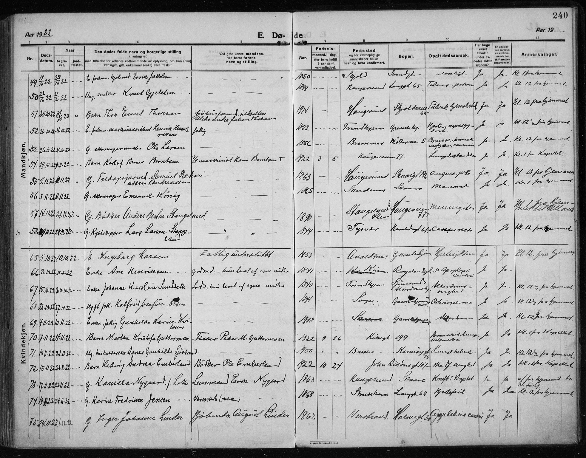 Haugesund sokneprestkontor, SAST/A -101863/H/Ha/Haa/L0009: Ministerialbok nr. A 9, 1914-1929, s. 240