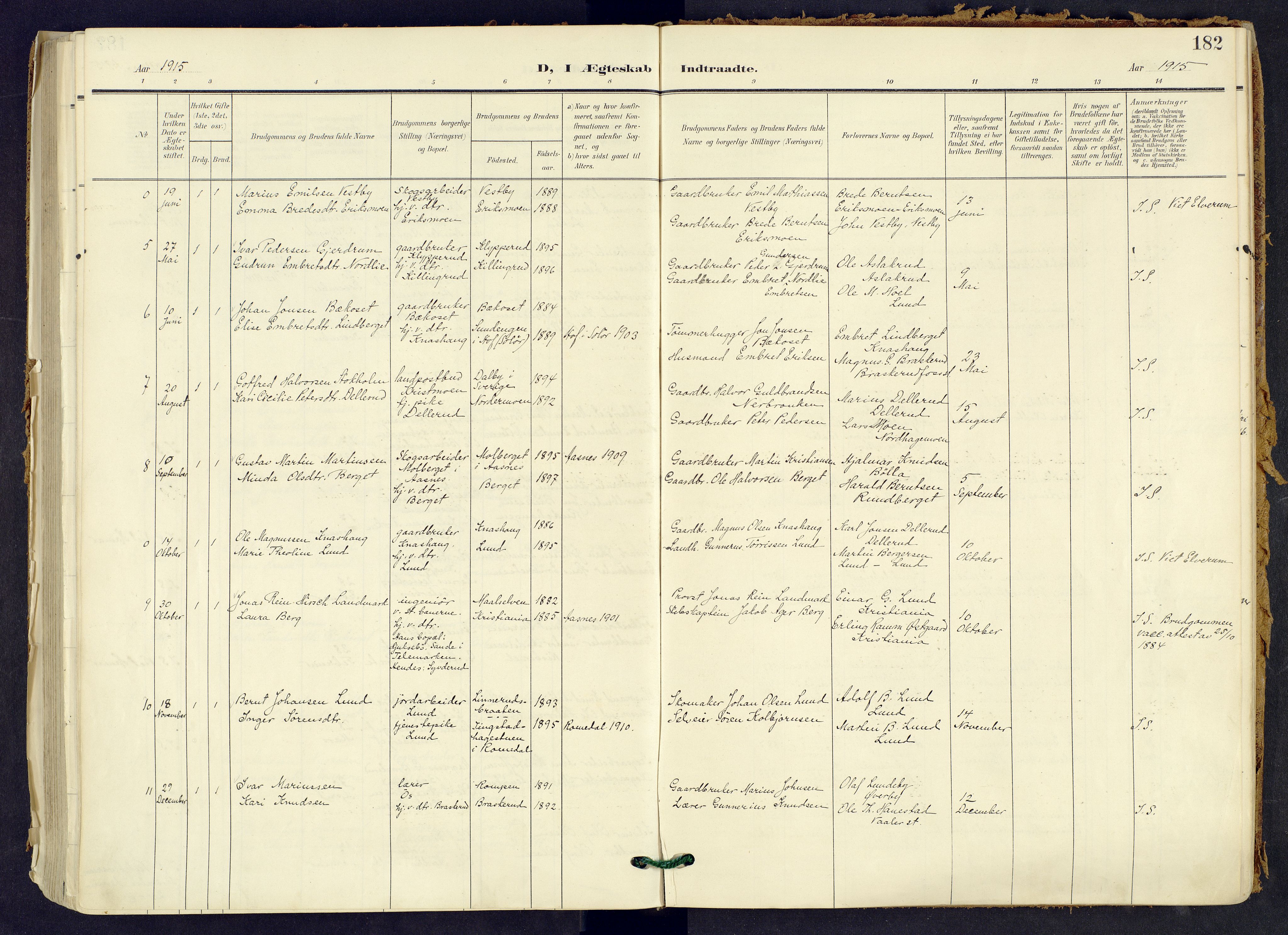 Våler prestekontor, Hedmark, SAH/PREST-040/H/Ha/Haa/L0008: Ministerialbok nr. 8, 1905-1921, s. 182