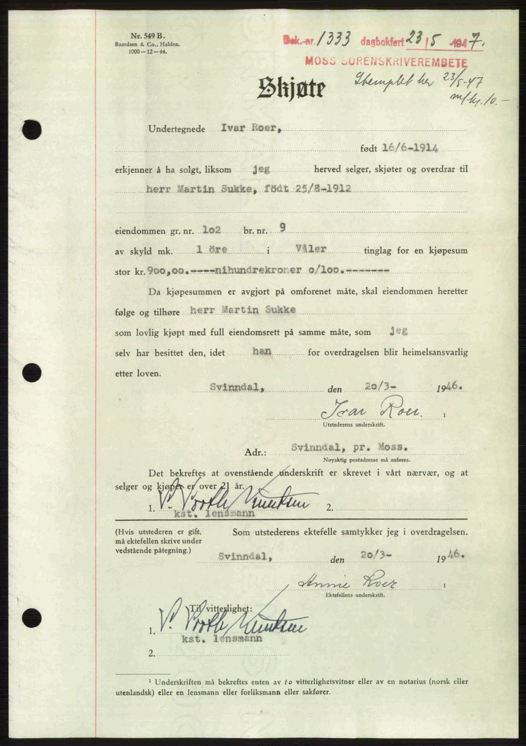 Moss sorenskriveri, SAO/A-10168: Pantebok nr. A17, 1947-1947, Dagboknr: 1333/1947