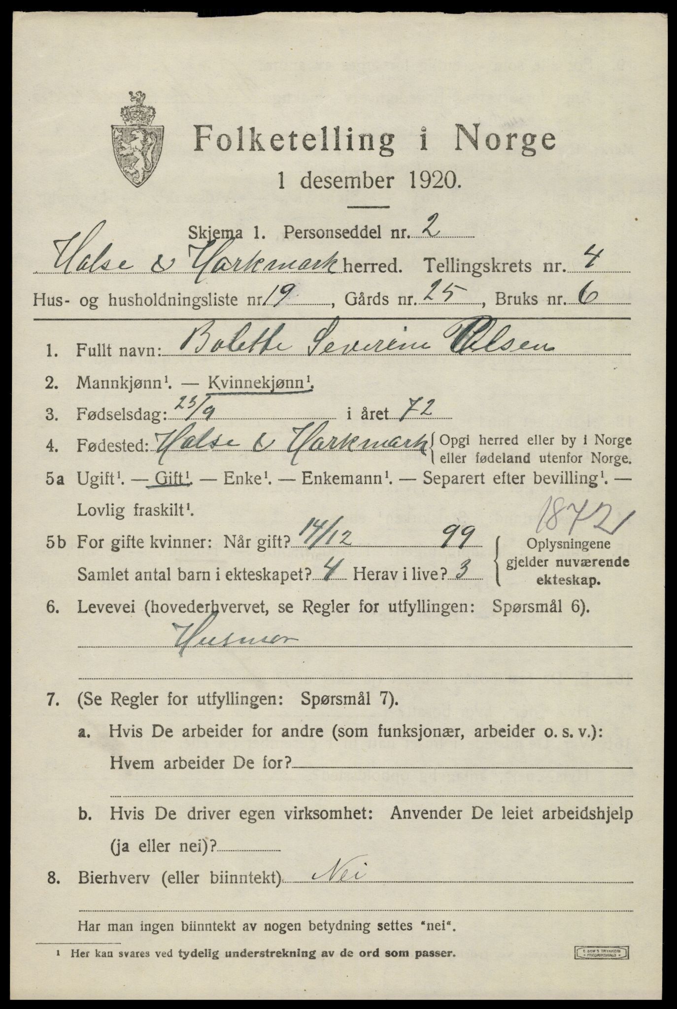 SAK, Folketelling 1920 for 1019 Halse og Harkmark herred, 1920, s. 3012