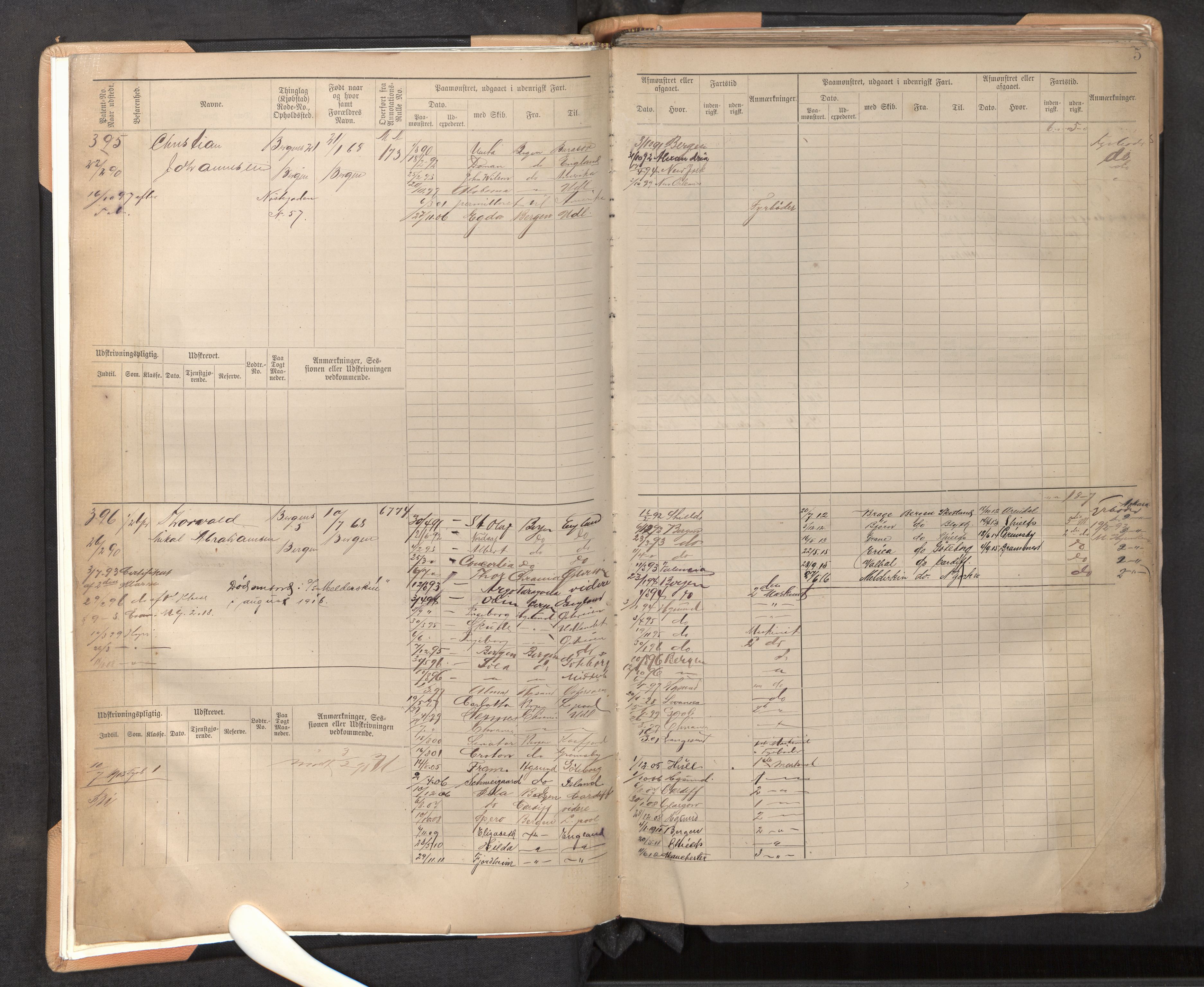 Innrulleringssjefen i Bergen, AV/SAB-A-100050/F/Fe/L0003: Sjøfartshovedrulle B, nr. 387 - 964, 1890-1894, s. 5