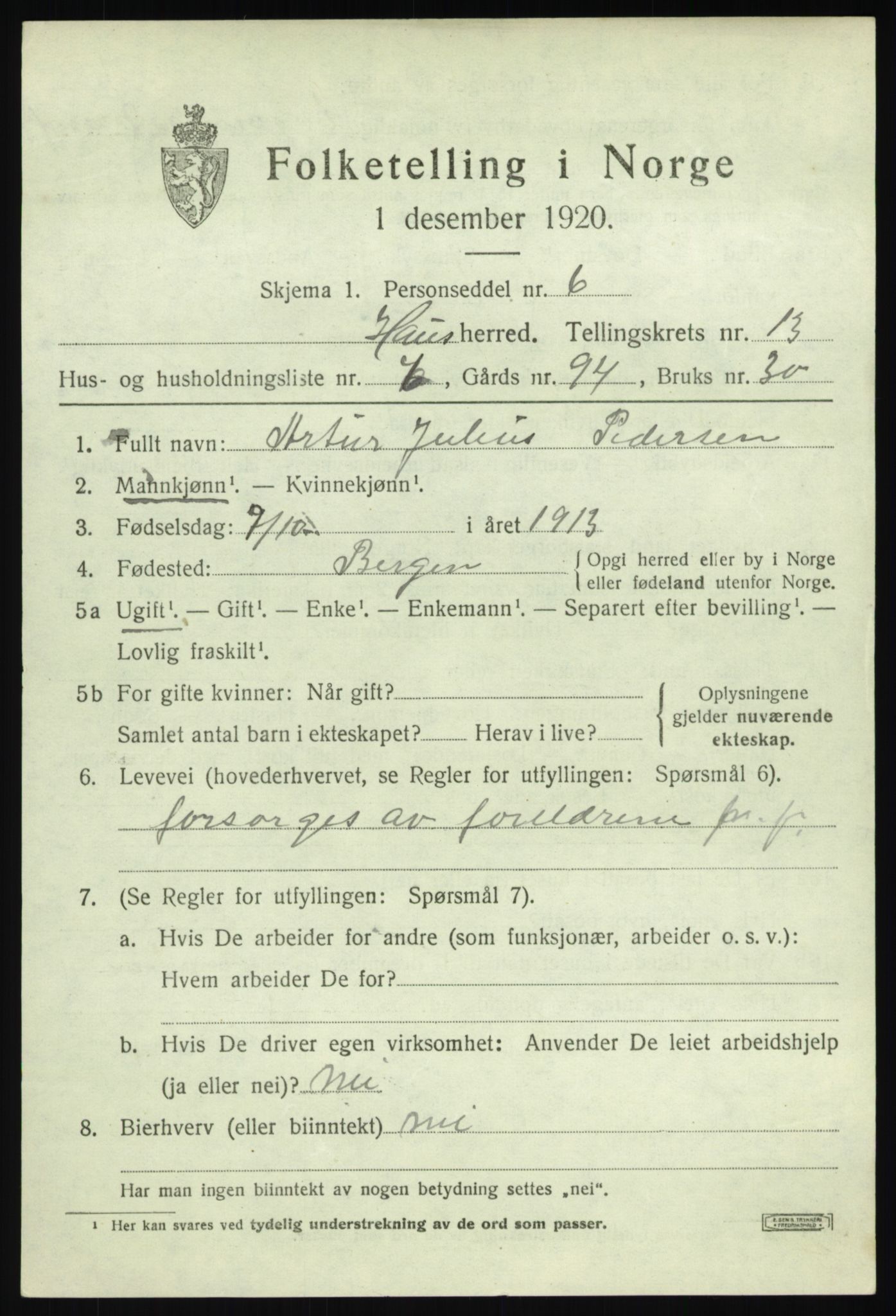 SAB, Folketelling 1920 for 1250 Haus herred, 1920, s. 8025