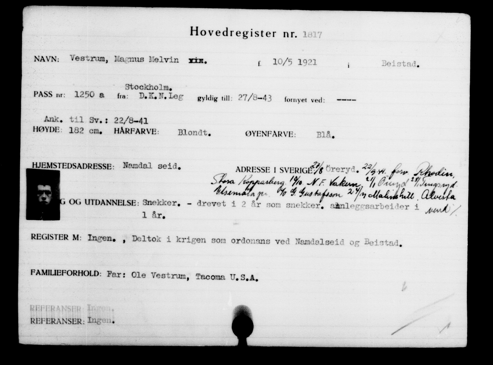 Utenriksstasjonene, Legasjonen i Stockholm, Flyktningkontoret, AV/RA-S-6753/V/Va/L0002: Kjesäterkartoteket, flyktninger med registreringsnr. 1001-2000, 1940-1945, s. 1169