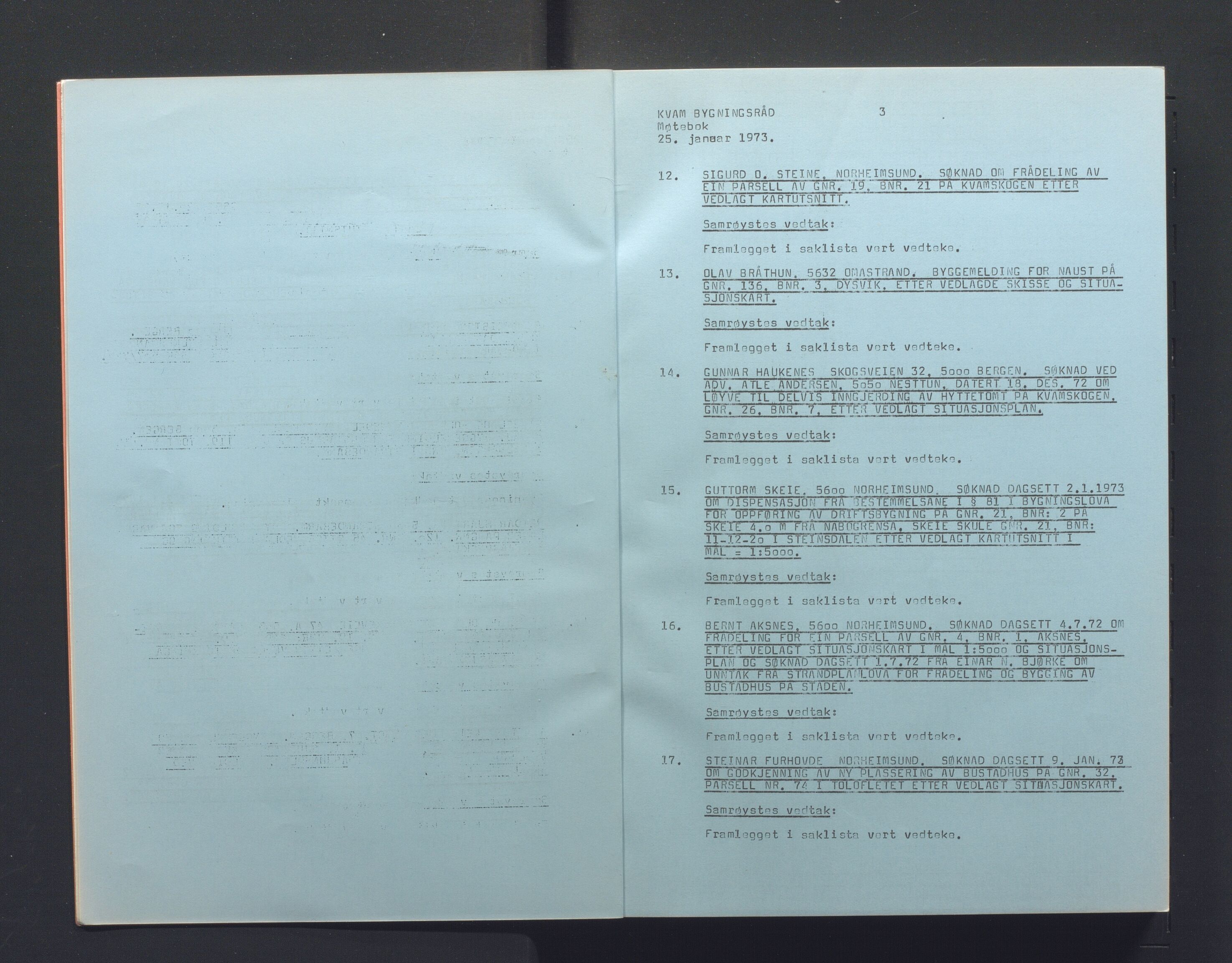 Kvam herad. Bygningsrådet, IKAH/1238-511/A/Aa/L0001: Møtebok Kvam herad bygningsråd , 1973