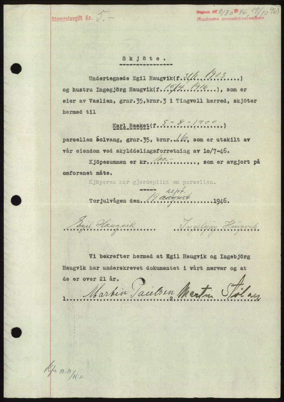 Nordmøre sorenskriveri, AV/SAT-A-4132/1/2/2Ca: Pantebok nr. A102, 1946-1946, Dagboknr: 2130/1946