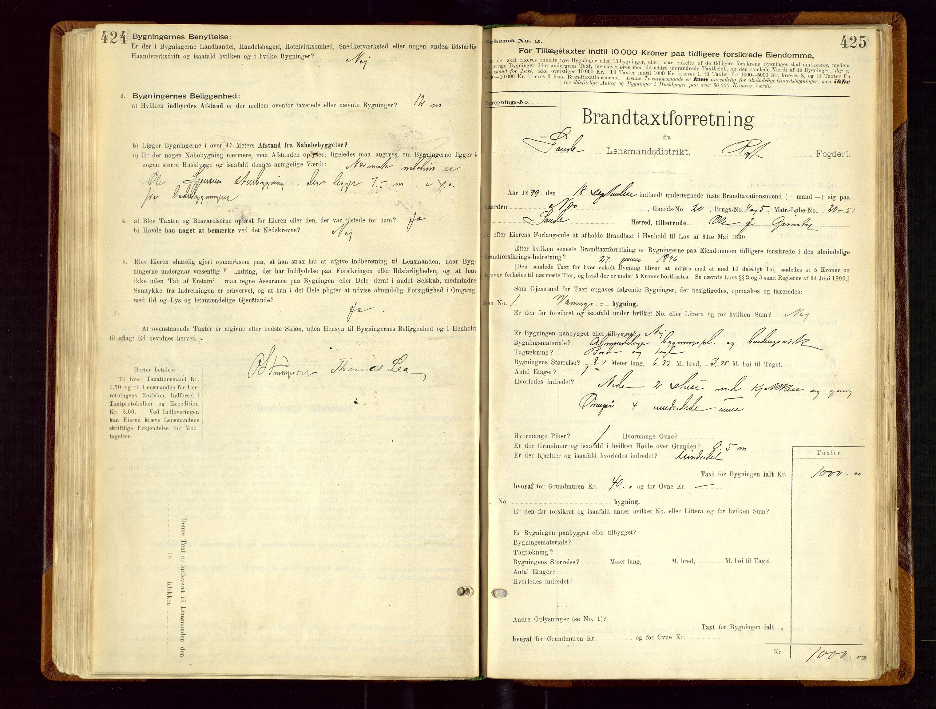 Sauda lensmannskontor, SAST/A-100177/Gob/L0001: Branntakstprotokoll - skjematakst, 1894-1914, s. 424-425