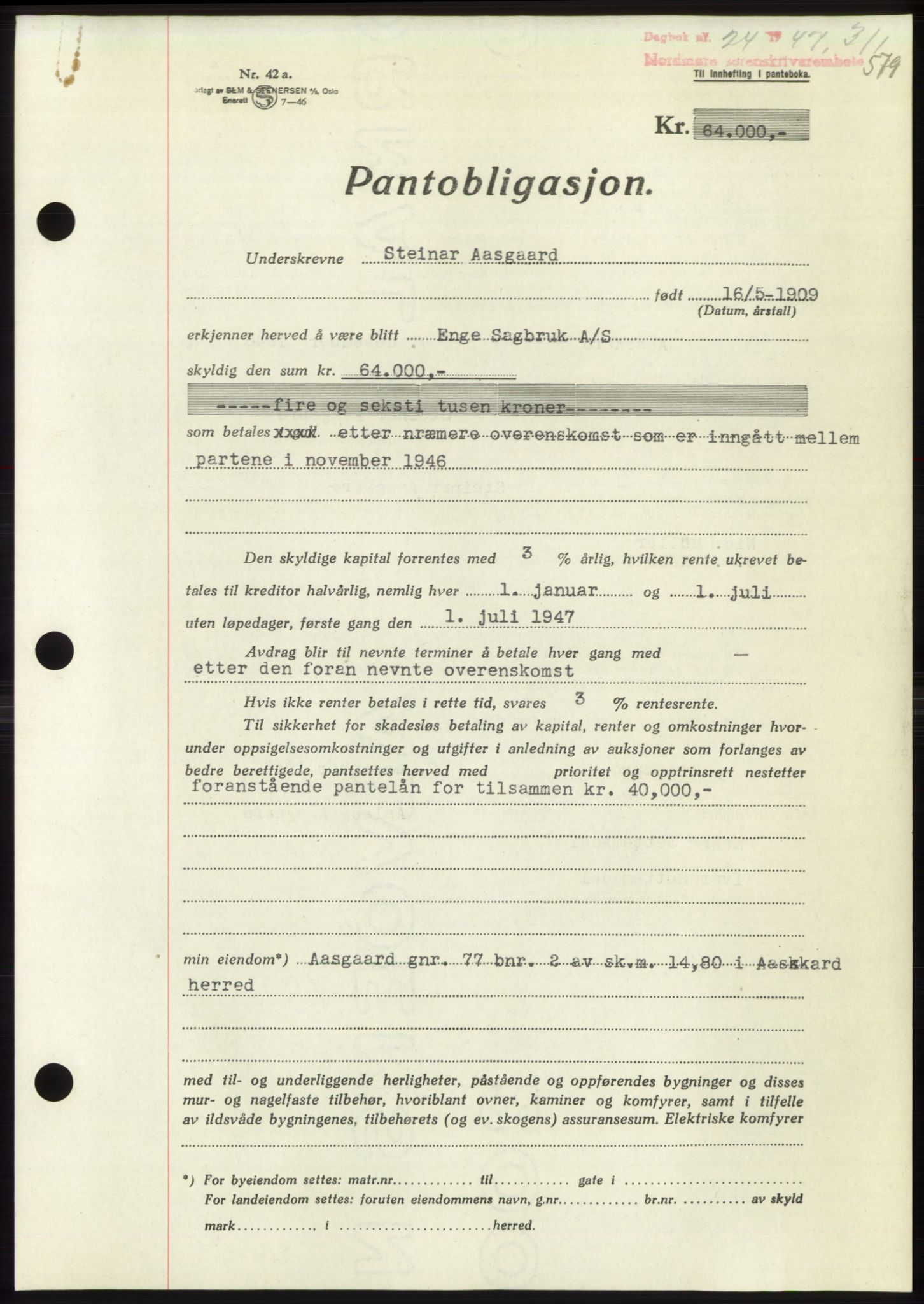 Nordmøre sorenskriveri, SAT/A-4132/1/2/2Ca: Pantebok nr. B95, 1946-1947, Dagboknr: 24/1947