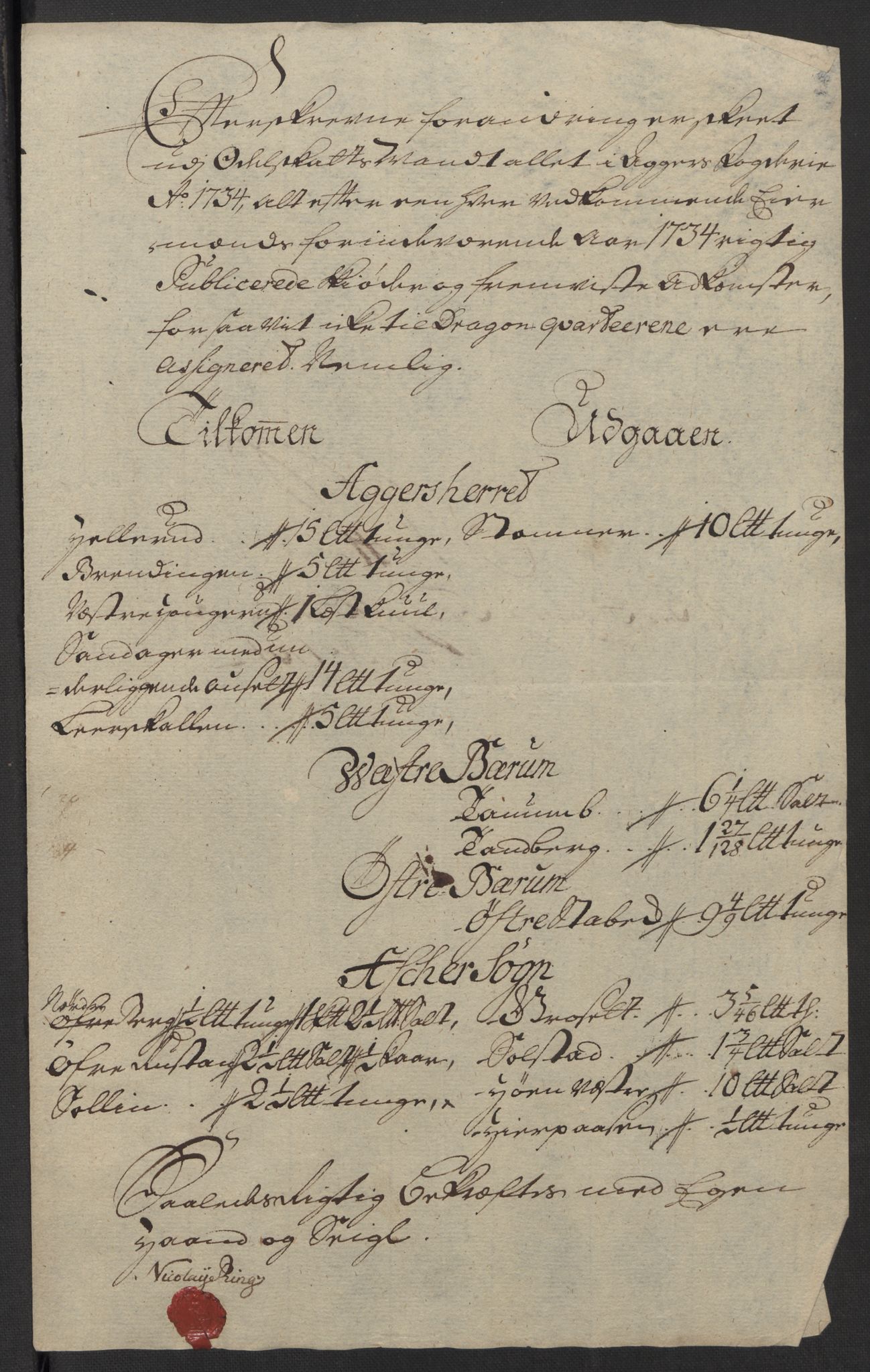 Rentekammeret inntil 1814, Reviderte regnskaper, Fogderegnskap, AV/RA-EA-4092/R10/L0473: Fogderegnskap Aker og Follo, 1734, s. 191