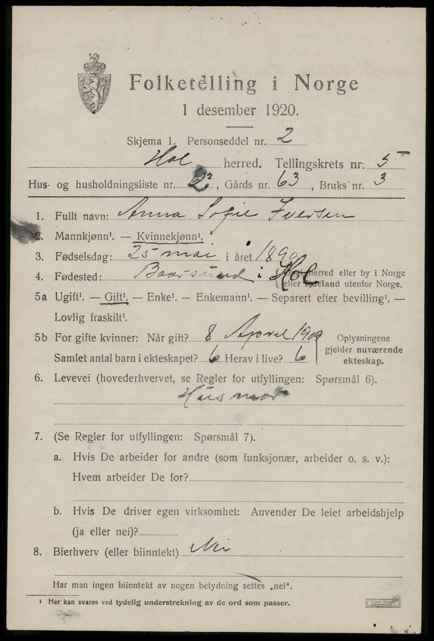 SAT, Folketelling 1920 for 1861 Hol herred, 1920, s. 3891