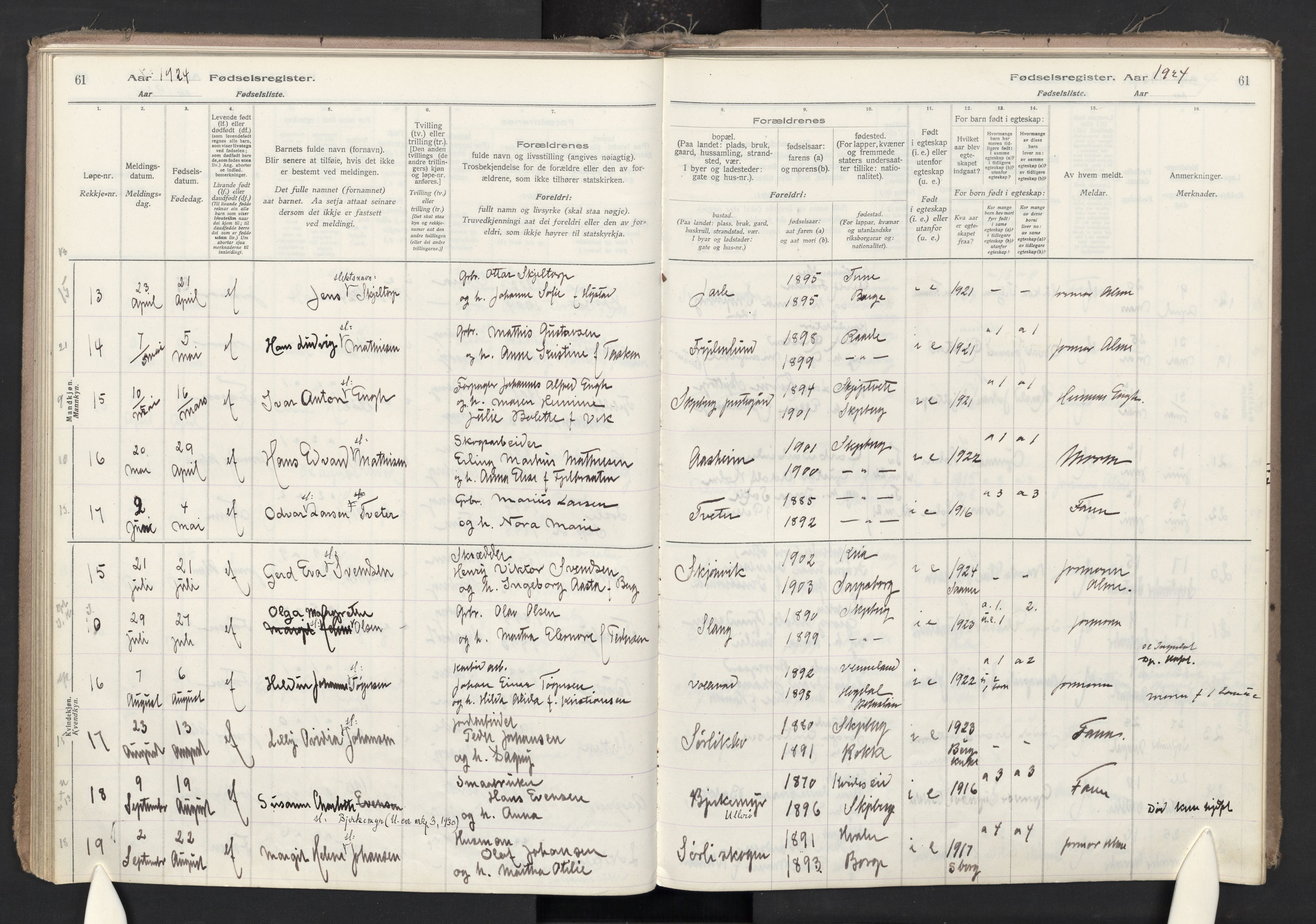 Skjeberg prestekontor Kirkebøker, AV/SAO-A-10923/J/Ja/L0001: Fødselsregister nr. I 1, 1916-1945, s. 61