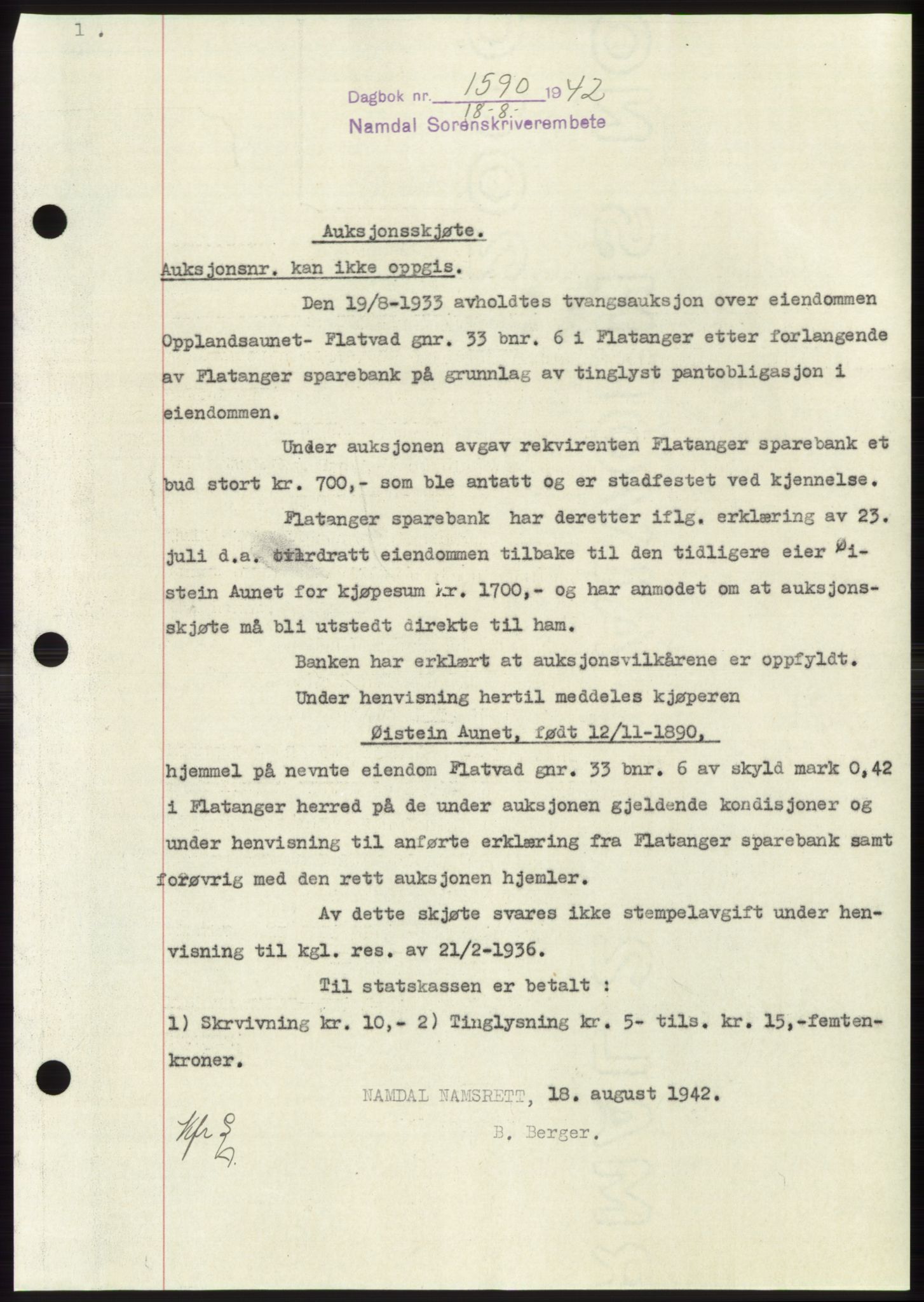 Namdal sorenskriveri, SAT/A-4133/1/2/2C: Pantebok nr. -, 1942-1943, Dagboknr: 1590/1942