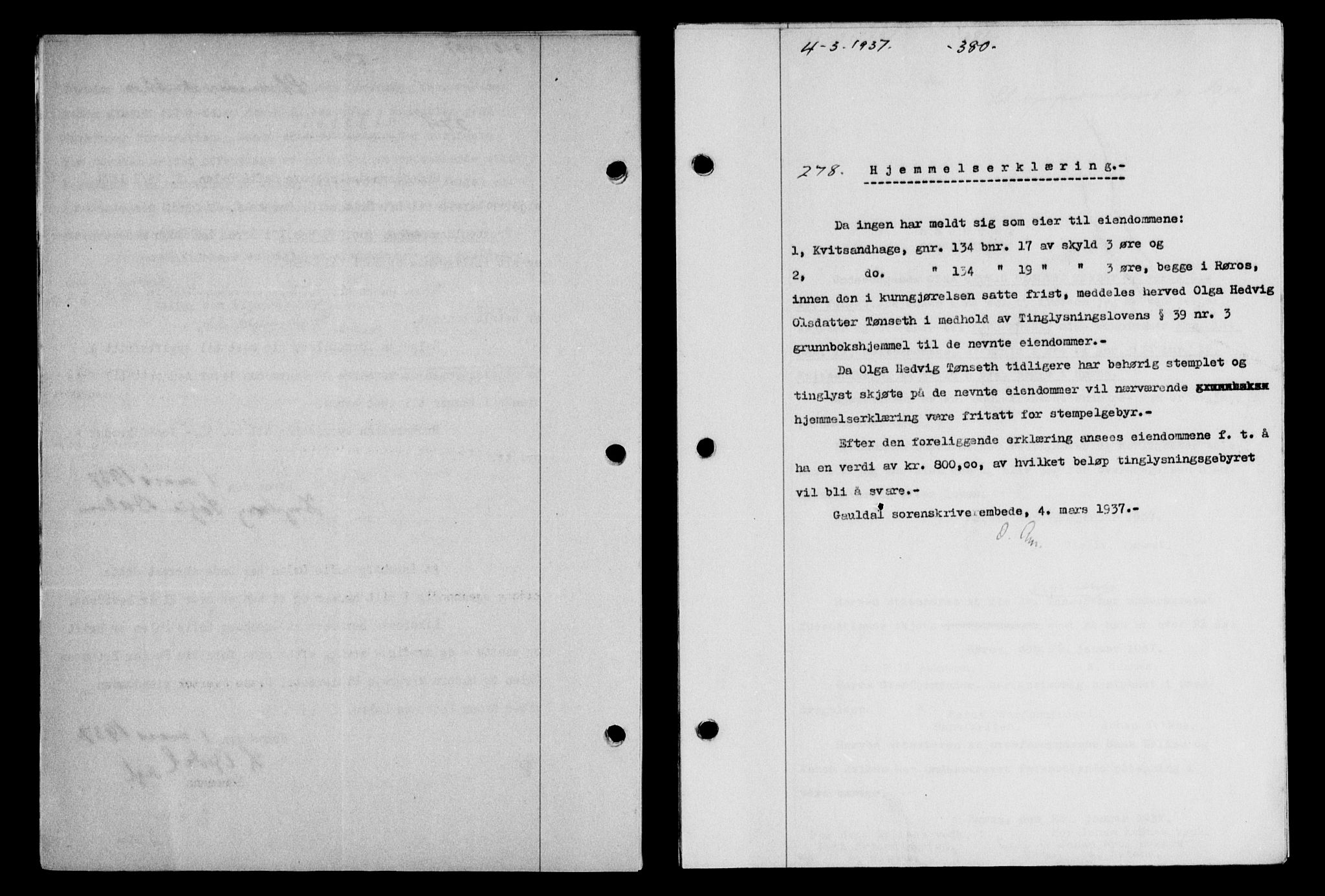 Gauldal sorenskriveri, SAT/A-0014/1/2/2C/L0047: Pantebok nr. 50-51, 1937-1937, Dagboknr: 278/1937