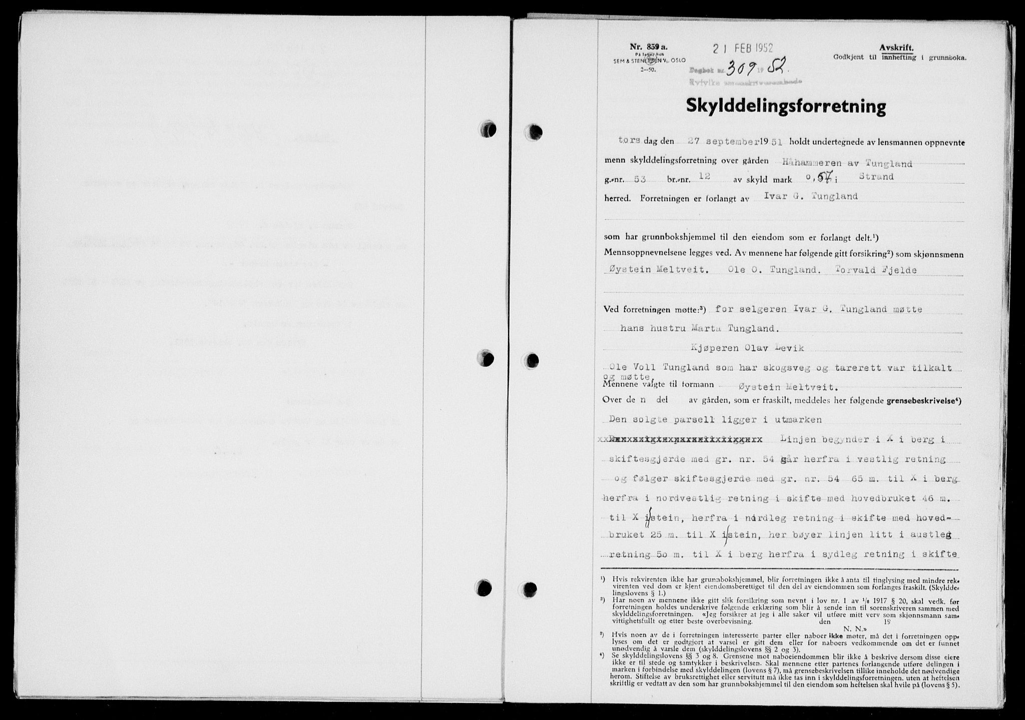Ryfylke tingrett, SAST/A-100055/001/II/IIB/L0116: Pantebok nr. 95, 1951-1952, Dagboknr: 309/1952