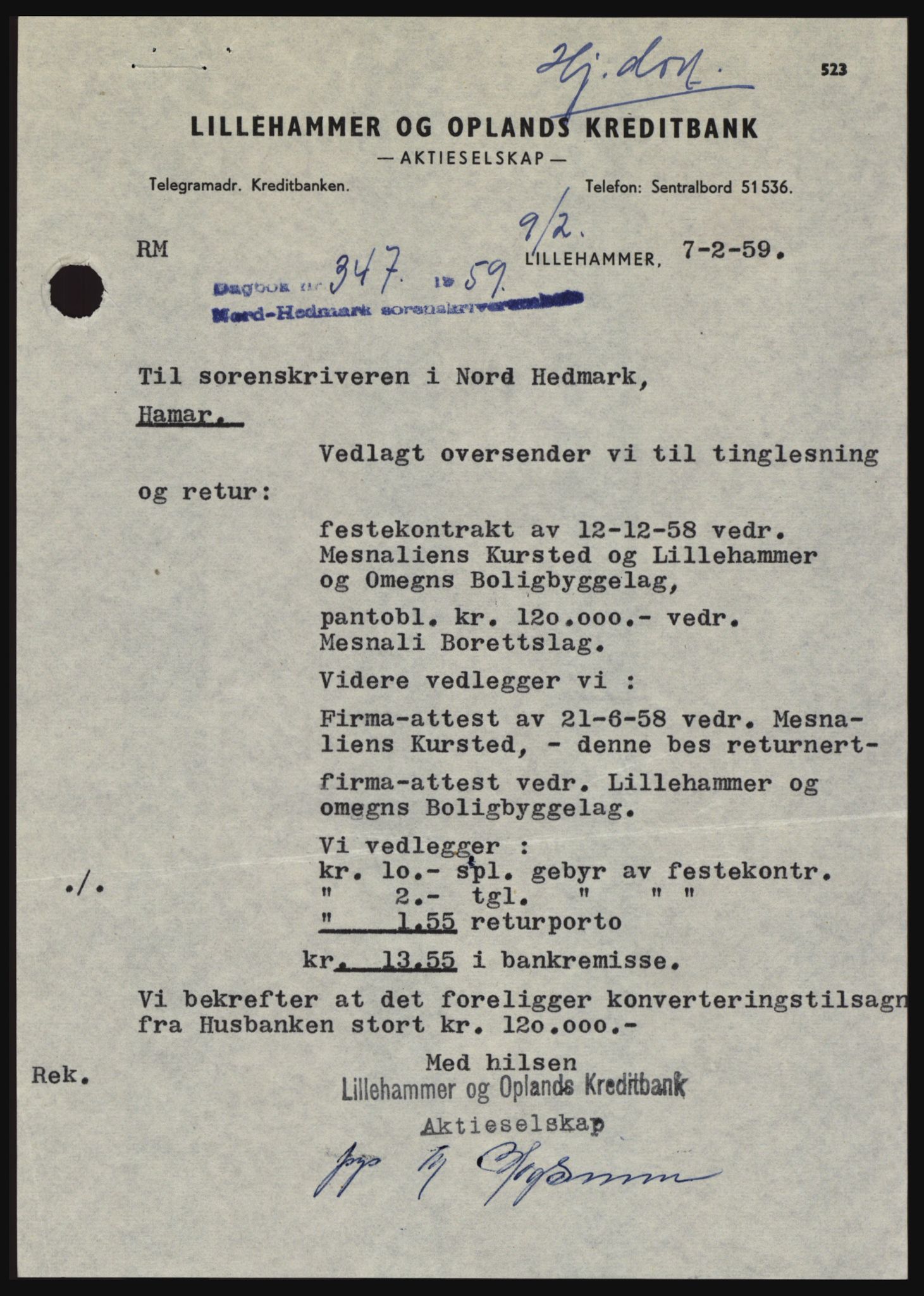 Nord-Hedmark sorenskriveri, SAH/TING-012/H/Hc/L0013: Pantebok nr. 13, 1959-1960, Dagboknr: 347/1959