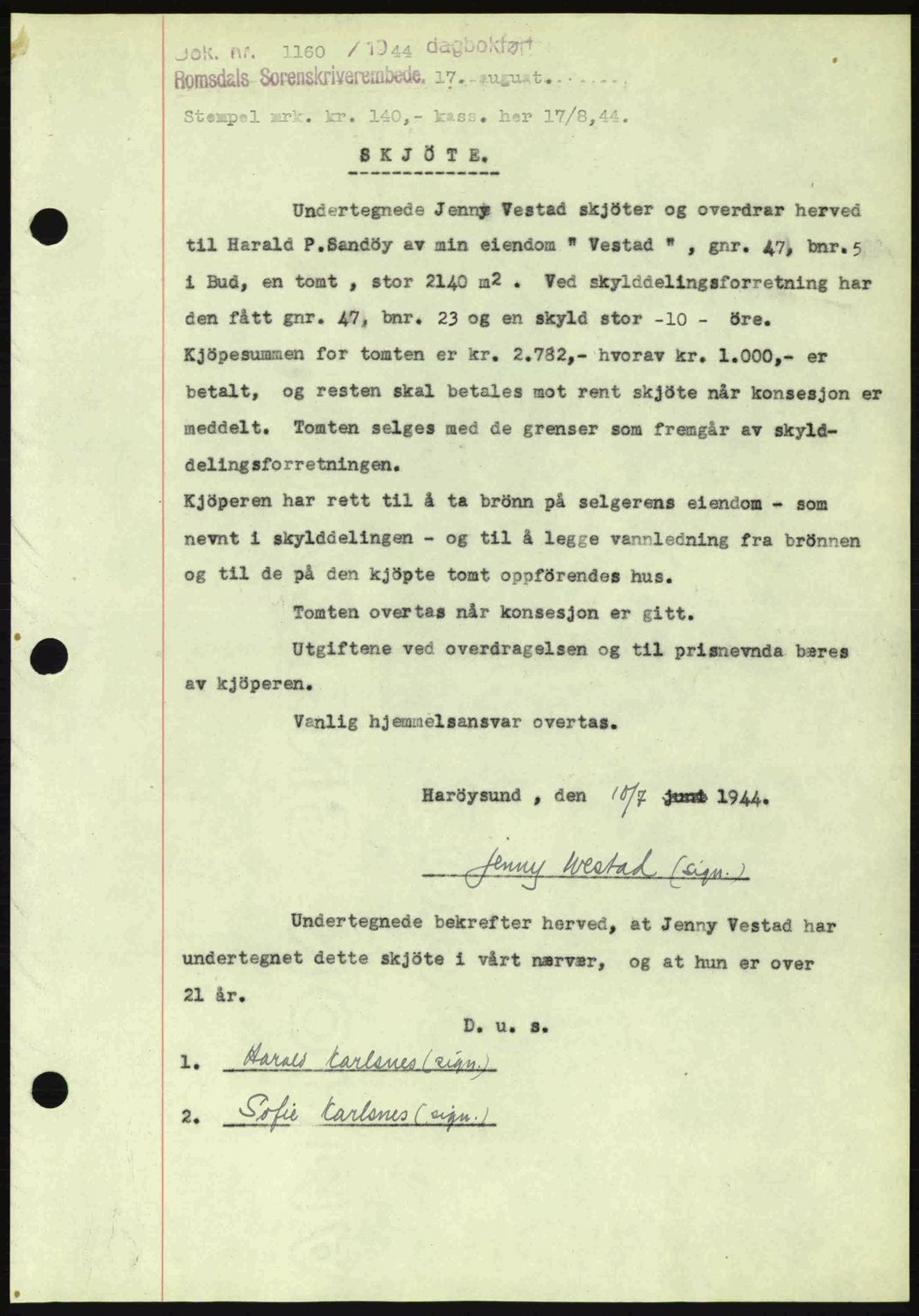 Romsdal sorenskriveri, SAT/A-4149/1/2/2C: Pantebok nr. A16, 1944-1944, Dagboknr: 1160/1944
