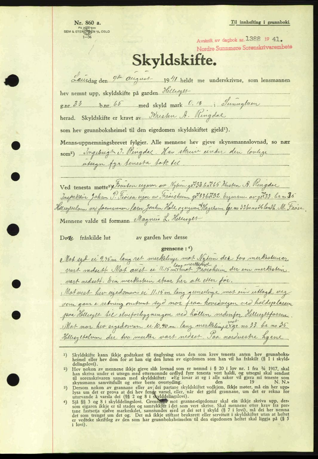 Nordre Sunnmøre sorenskriveri, AV/SAT-A-0006/1/2/2C/2Ca: Pantebok nr. A11, 1941-1941, Dagboknr: 1388/1941