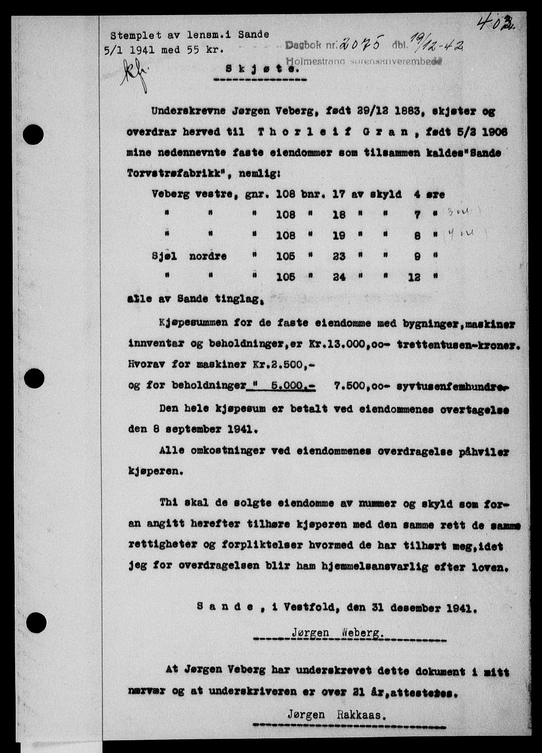 Holmestrand sorenskriveri, SAKO/A-67/G/Ga/Gaa/L0056: Pantebok nr. A-56, 1942-1943, Dagboknr: 2075/1942