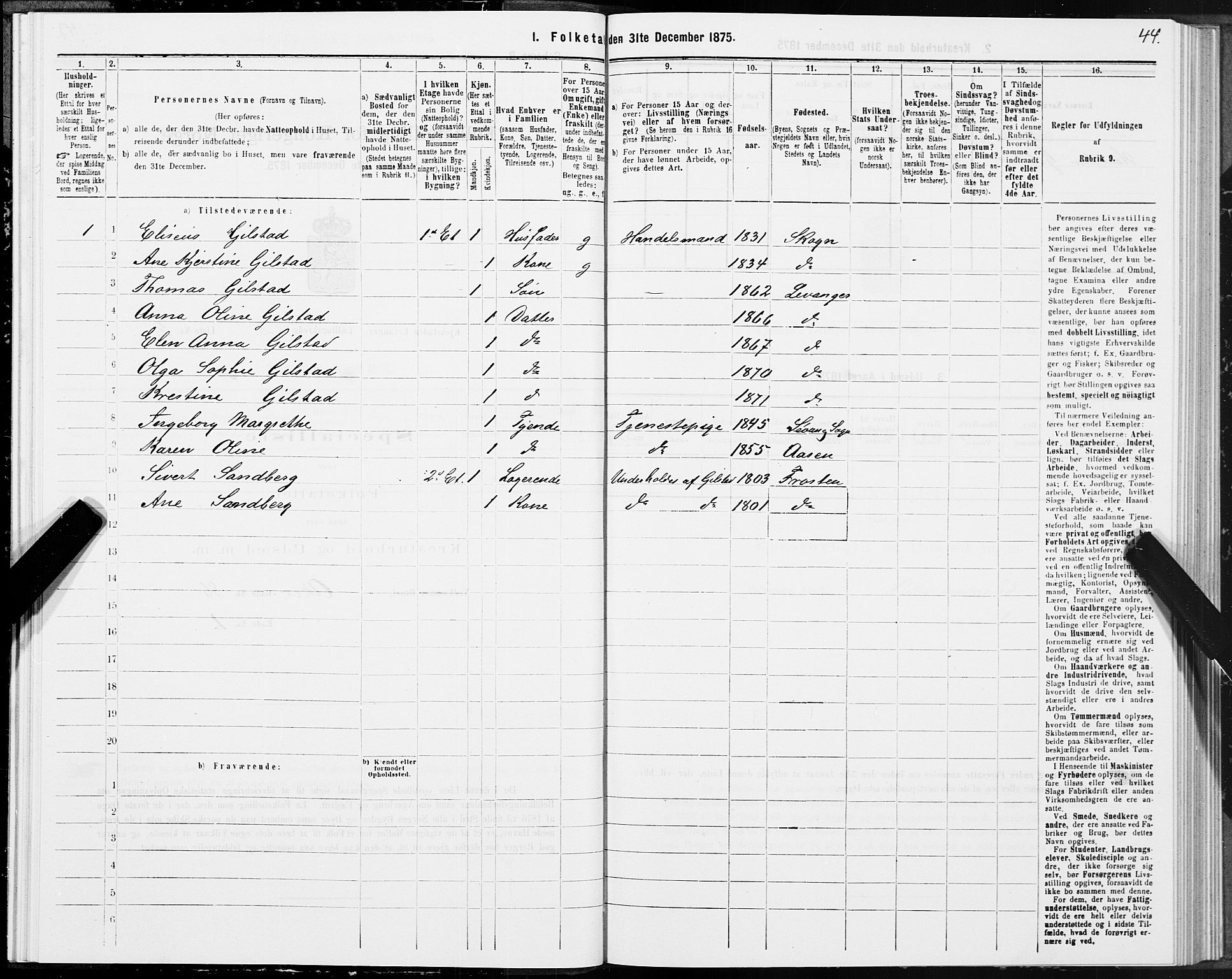 SAT, Folketelling 1875 for 1701B Levanger prestegjeld, Levanger kjøpstad, 1875, s. 44