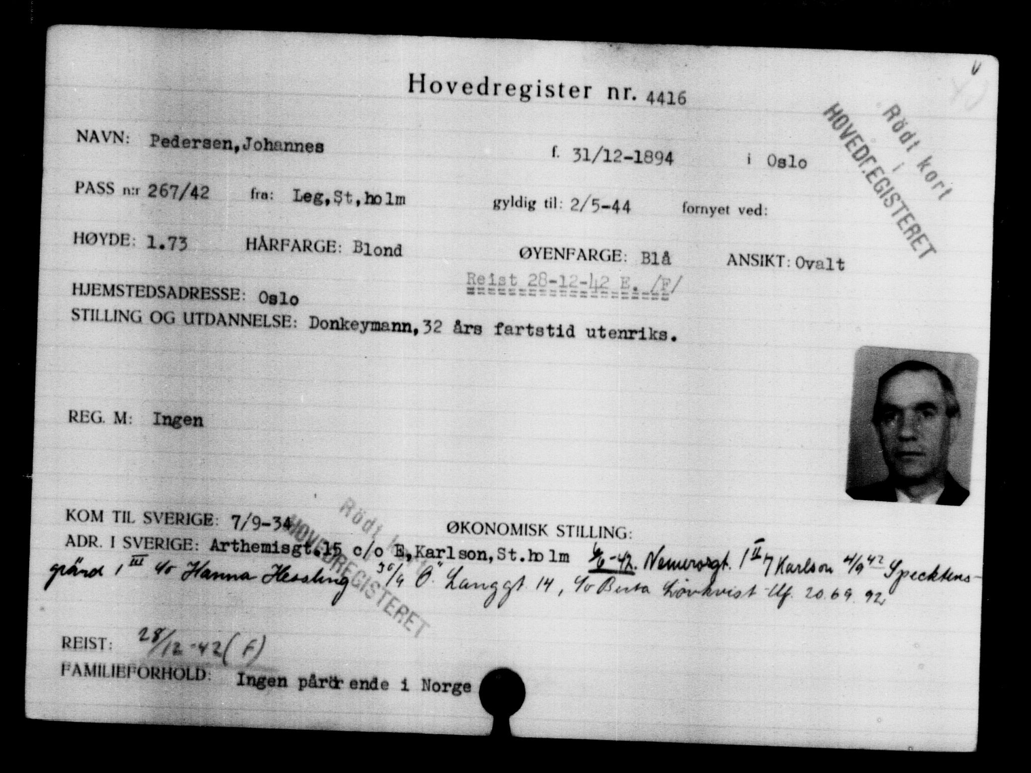 Utenriksstasjonene, Legasjonen i Stockholm, Flyktningkontoret, AV/RA-S-6753/V/Va/L0004: Kjesäterkartoteket, flyktninger med registreringsnr. 3496-6610, 1940-1945, s. 1116