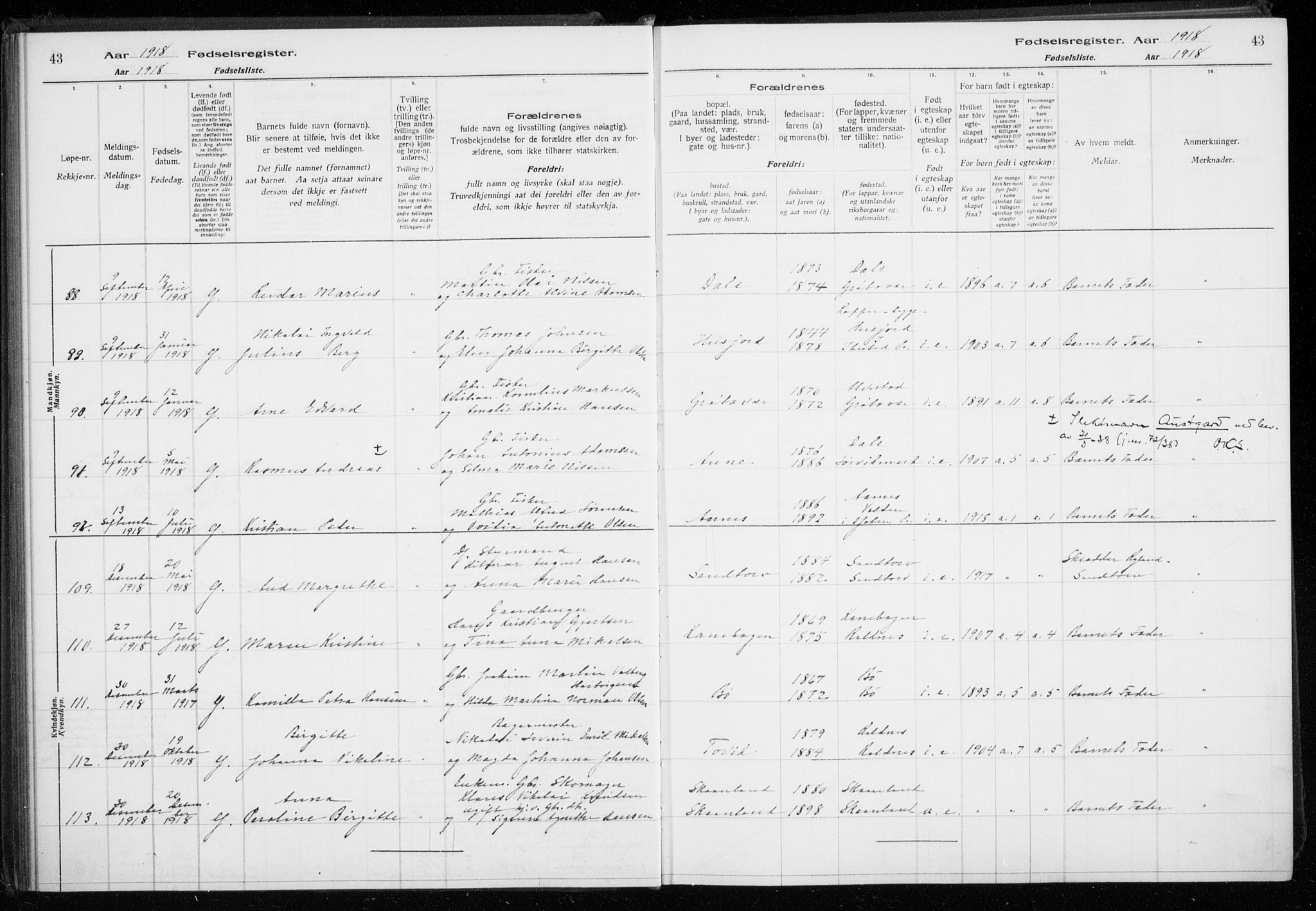 Trondenes sokneprestkontor, AV/SATØ-S-1319/I/Ia/L0089: Fødselsregister nr. 89, 1916-1925, s. 43