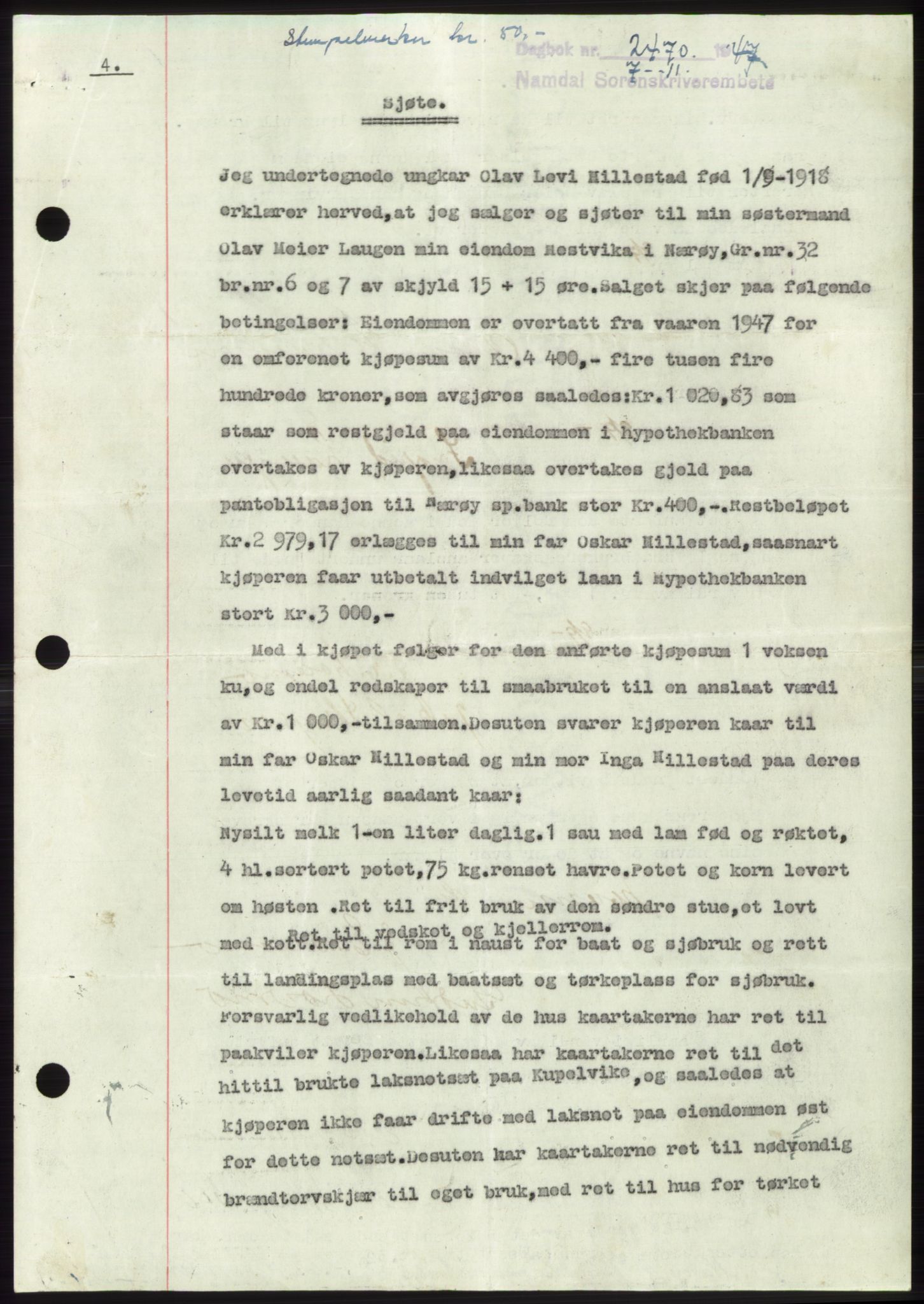 Namdal sorenskriveri, SAT/A-4133/1/2/2C: Pantebok nr. -, 1947-1948, Dagboknr: 2470/1947