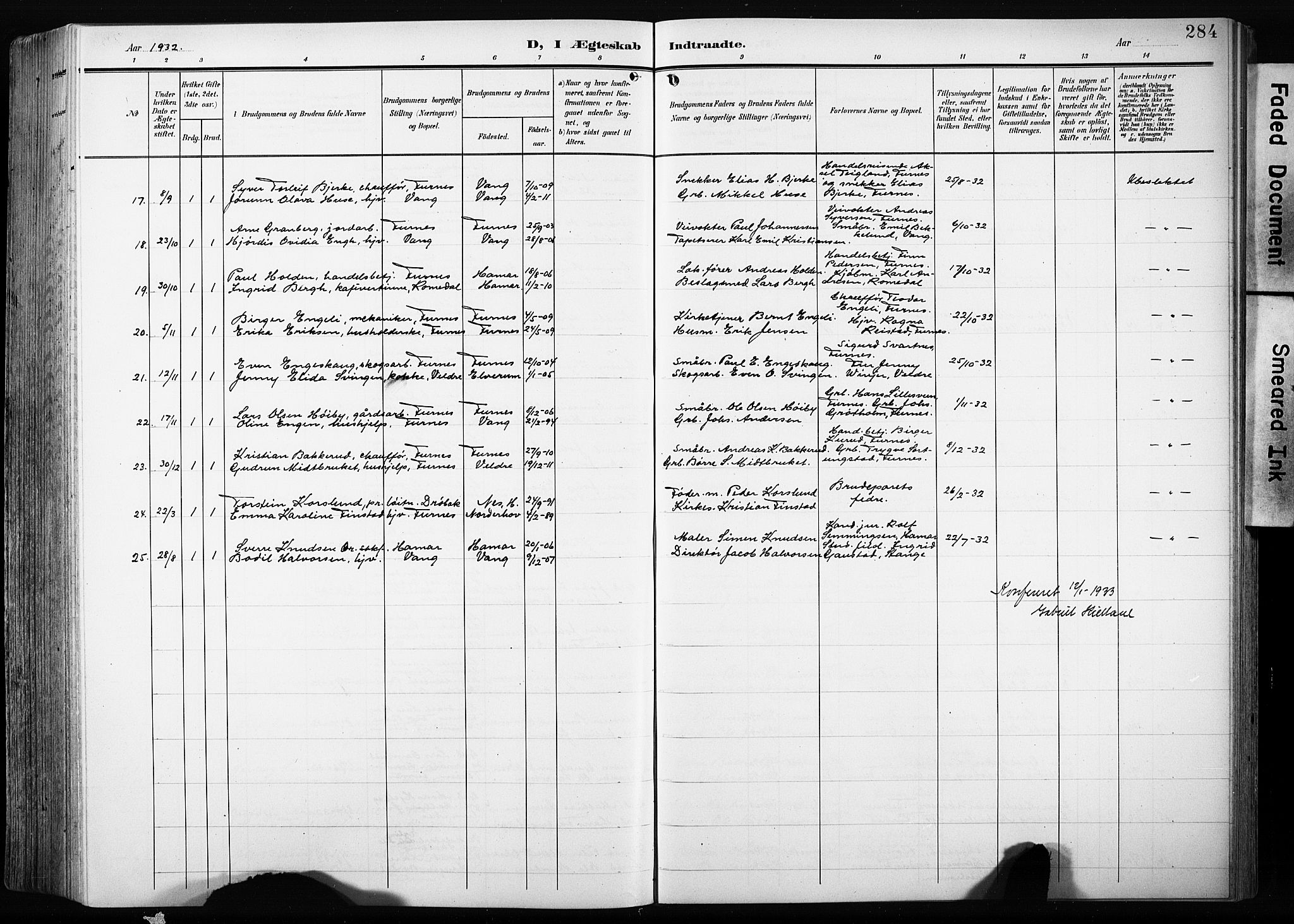 Furnes prestekontor, AV/SAH-PREST-012/L/La/L0001: Klokkerbok nr. 1, 1904-1933, s. 284