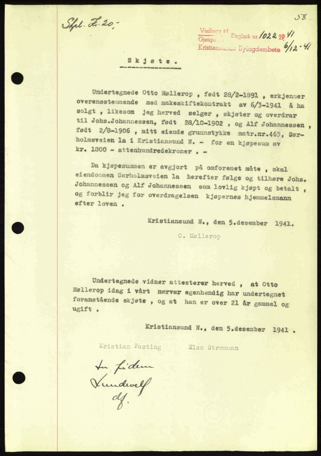 Kristiansund byfogd, AV/SAT-A-4587/A/27: Pantebok nr. 34, 1941-1945, Dagboknr: 1022/1941