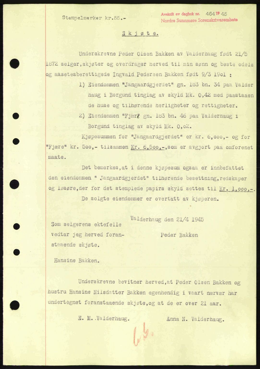 Nordre Sunnmøre sorenskriveri, SAT/A-0006/1/2/2C/2Ca: Pantebok nr. A19, 1944-1945, Dagboknr: 464/1945