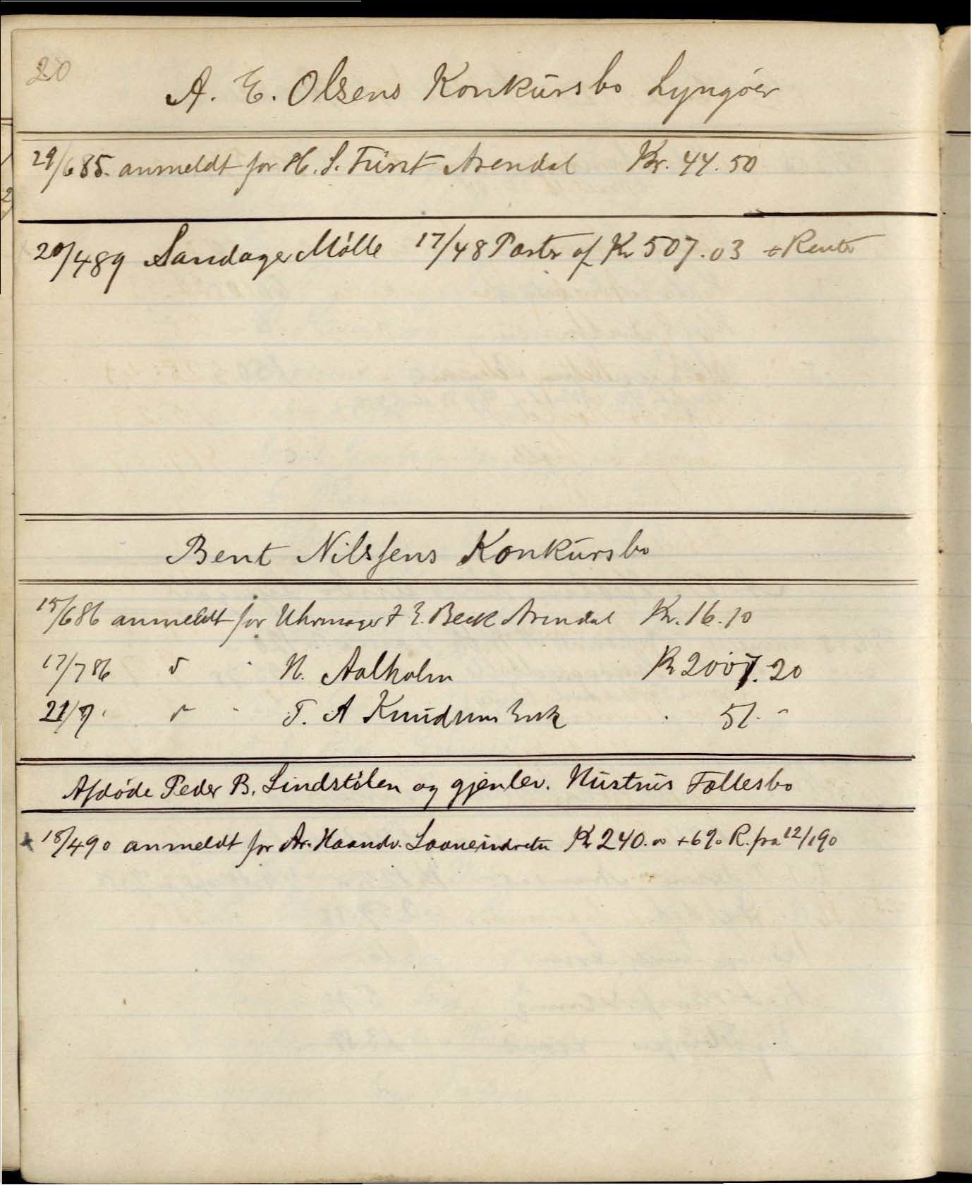 Dedekam, Michael Eidsvold. Overrettssakfører, AAKS/PA-2493/H/H01/L0001/0001: Behandling av konkurs/ auksjoner / Bog nr. 1 til anmeldte Fordringer i Konkursboer , 1881-1894, s. 20