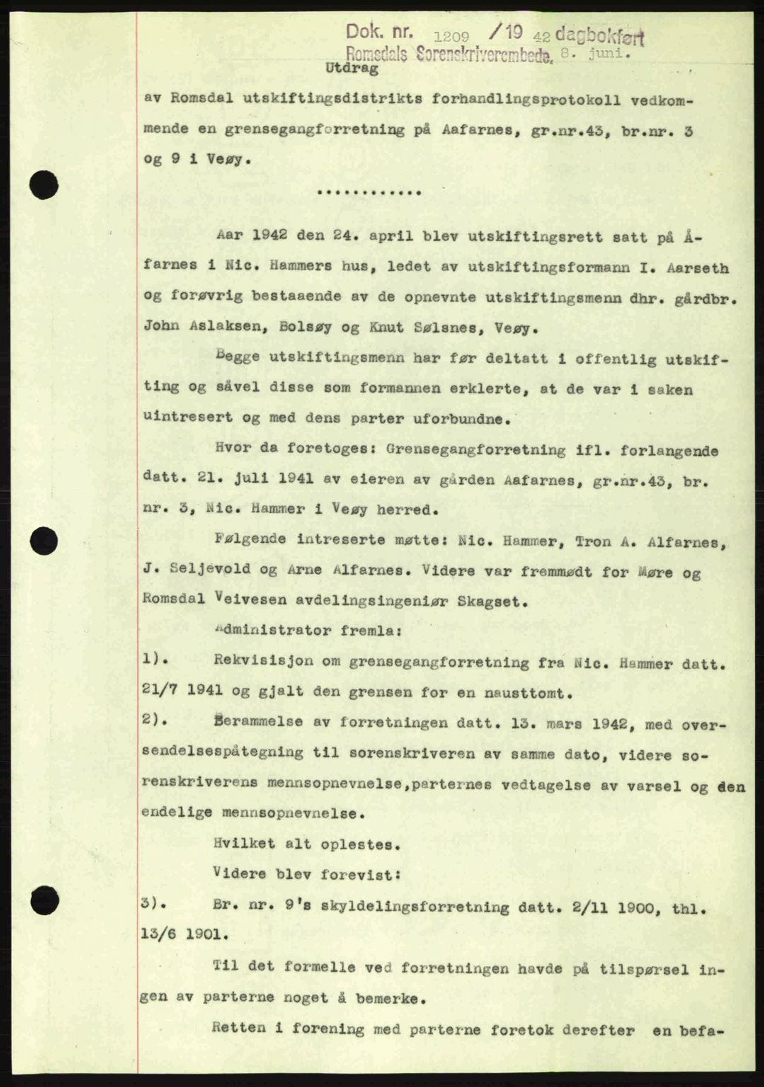Romsdal sorenskriveri, SAT/A-4149/1/2/2C: Pantebok nr. A12, 1942-1942, Dagboknr: 1209/1942
