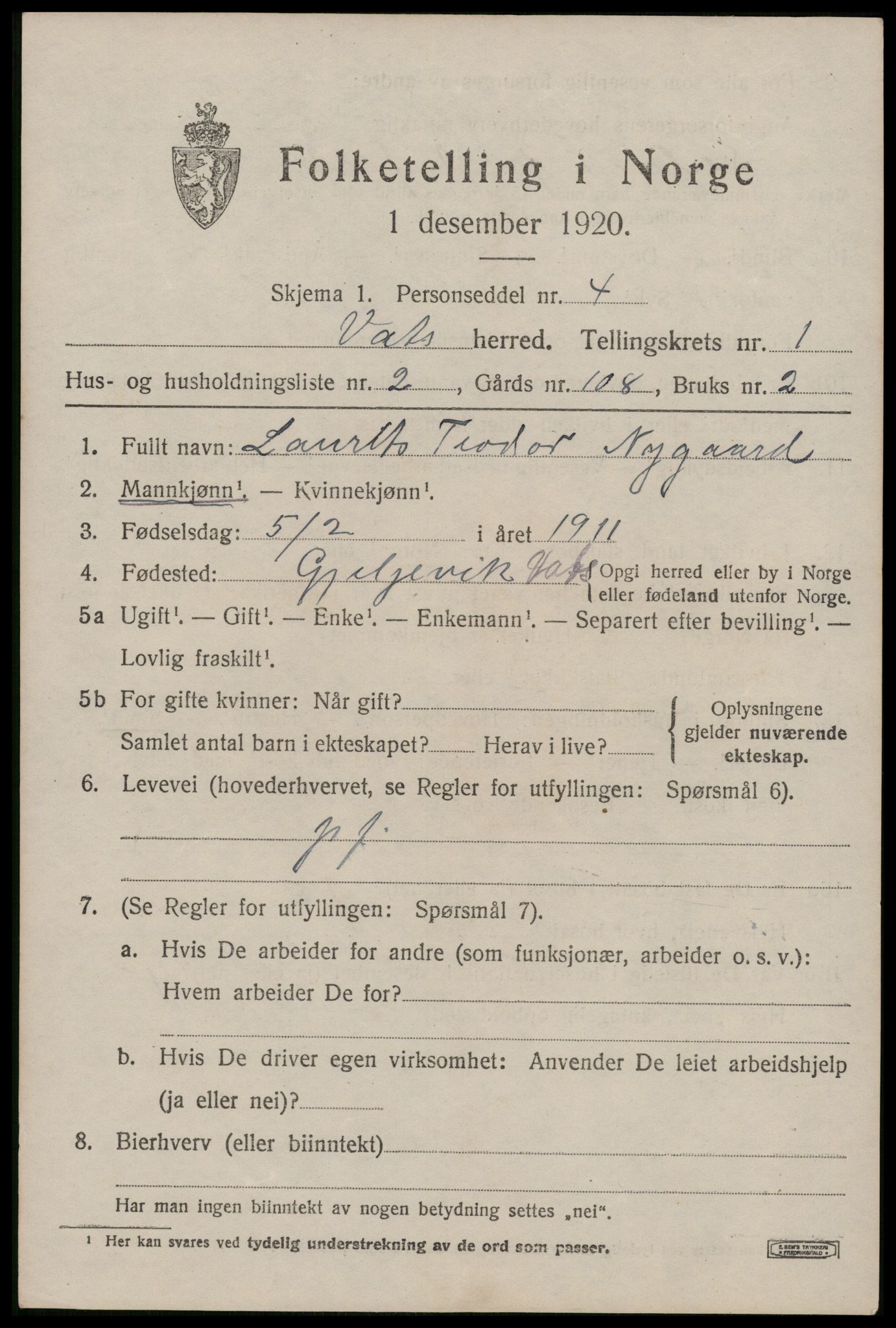 SAST, Folketelling 1920 for 1155 Vats herred, 1920, s. 515