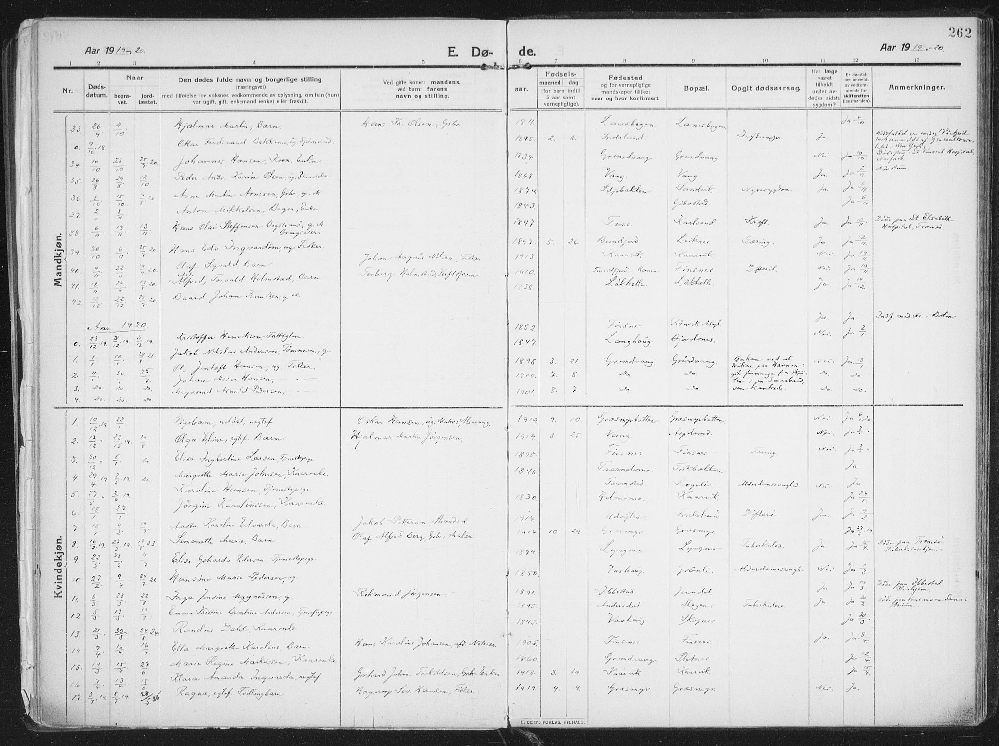Lenvik sokneprestembete, SATØ/S-1310/H/Ha/Haa/L0016kirke: Ministerialbok nr. 16, 1910-1924, s. 262
