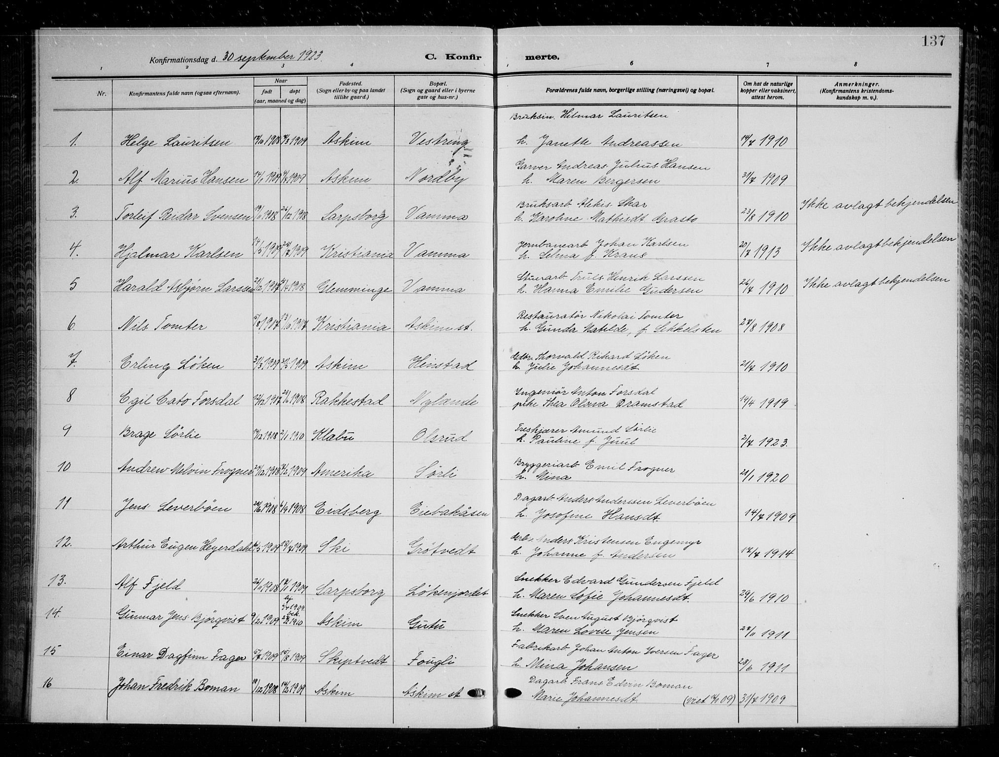Askim prestekontor Kirkebøker, AV/SAO-A-10900/G/Ga/L0003: Klokkerbok nr. 3, 1921-1937, s. 137