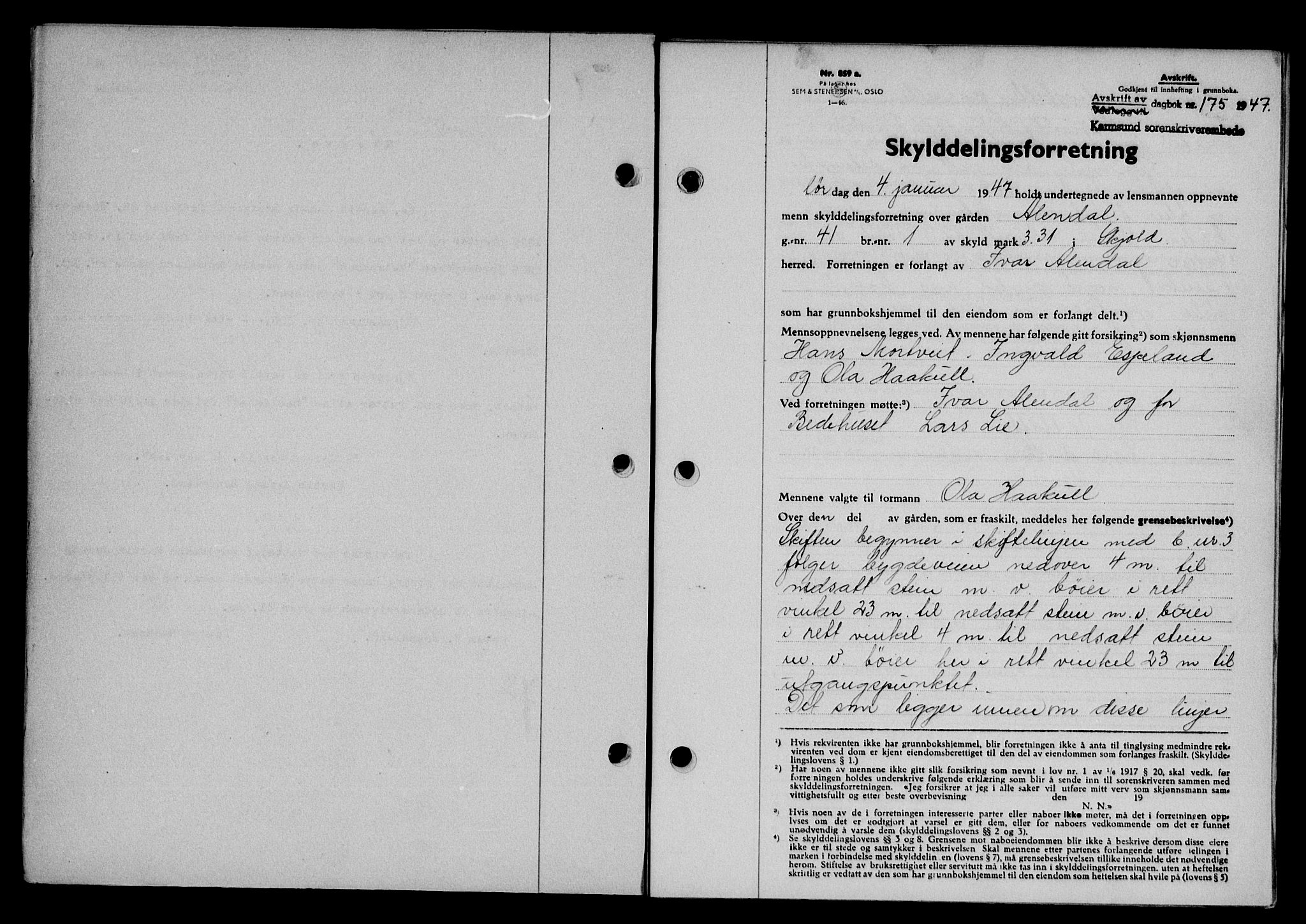 Karmsund sorenskriveri, SAST/A-100311/01/II/IIB/L0089: Pantebok nr. 69A, 1947-1947, Dagboknr: 175/1947