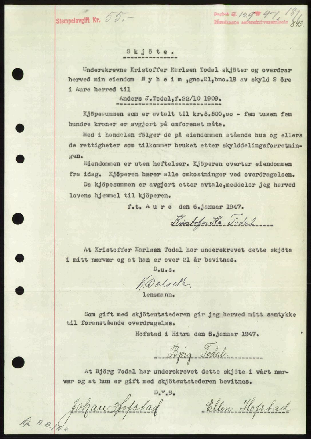 Nordmøre sorenskriveri, SAT/A-4132/1/2/2Ca: Pantebok nr. A103, 1946-1947, Dagboknr: 129/1947