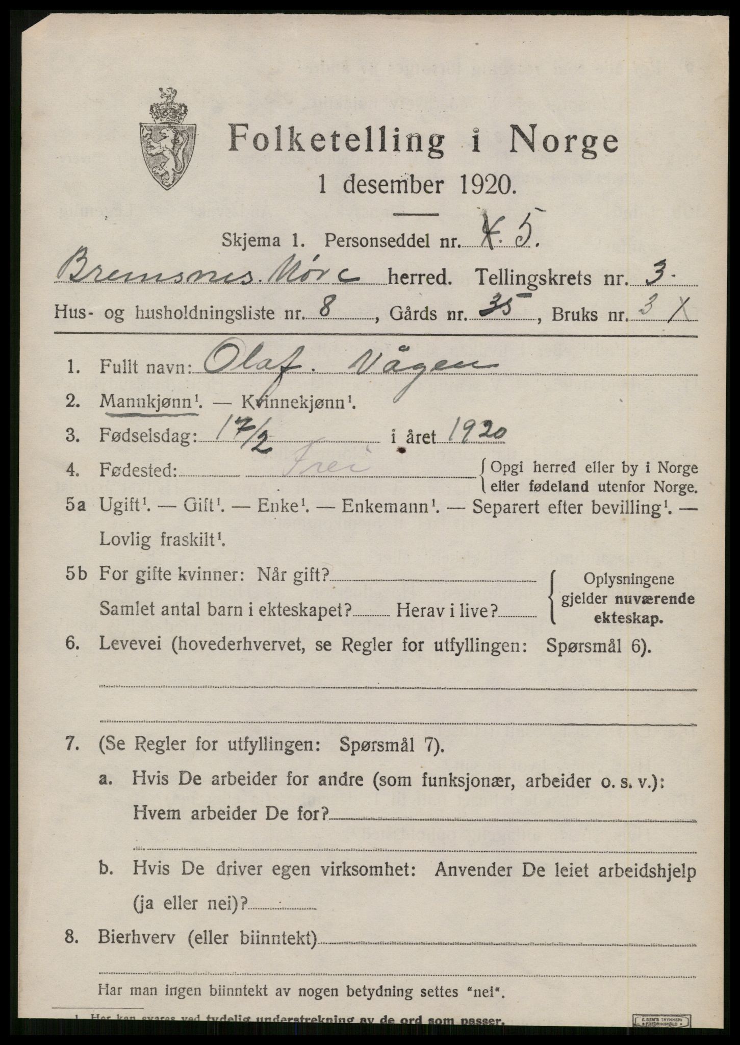 SAT, Folketelling 1920 for 1554 Bremsnes herred, 1920, s. 3511