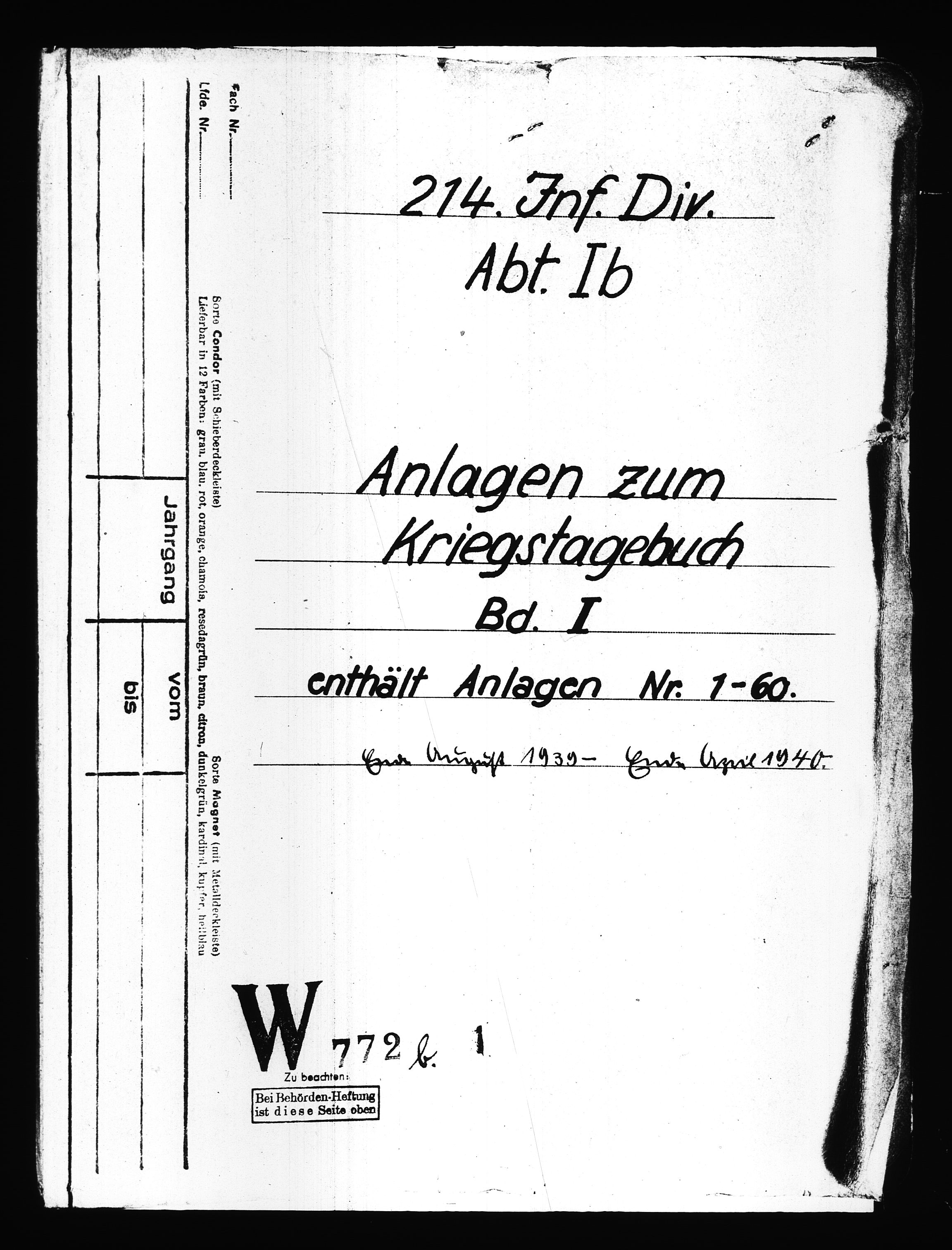 Documents Section, RA/RAFA-2200/V/L0088: Amerikansk mikrofilm "Captured German Documents".
Box No. 727.  FKA jnr. 601/1954., 1939-1940, s. 94