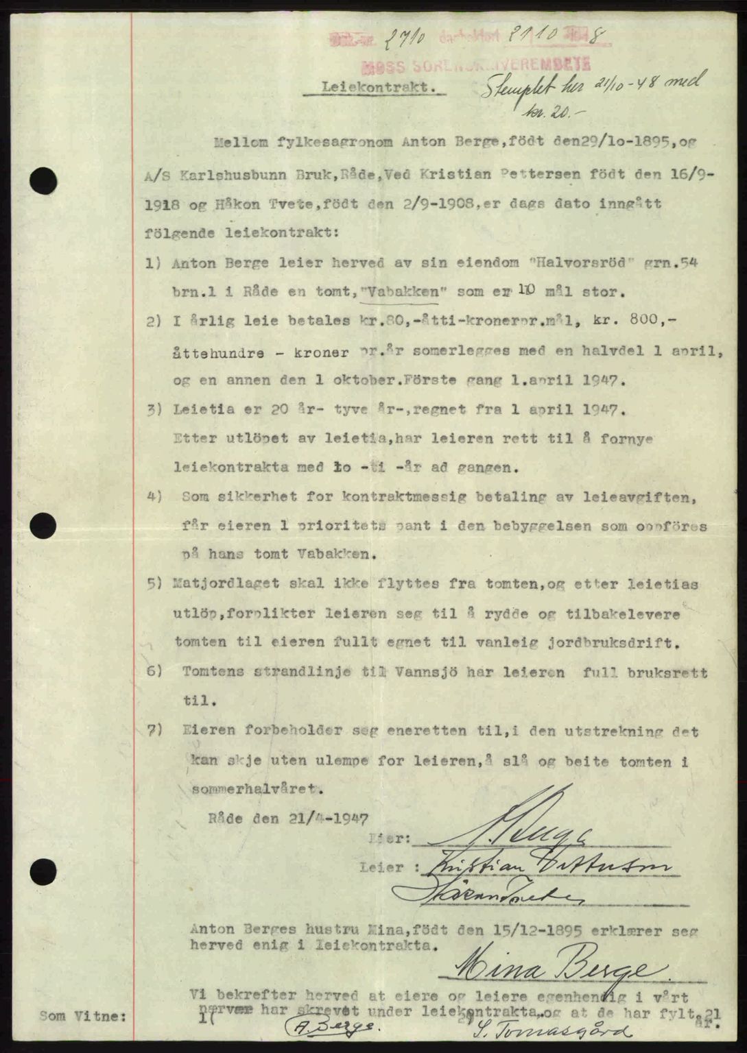Moss sorenskriveri, SAO/A-10168: Pantebok nr. A20, 1948-1948, Dagboknr: 2710/1948