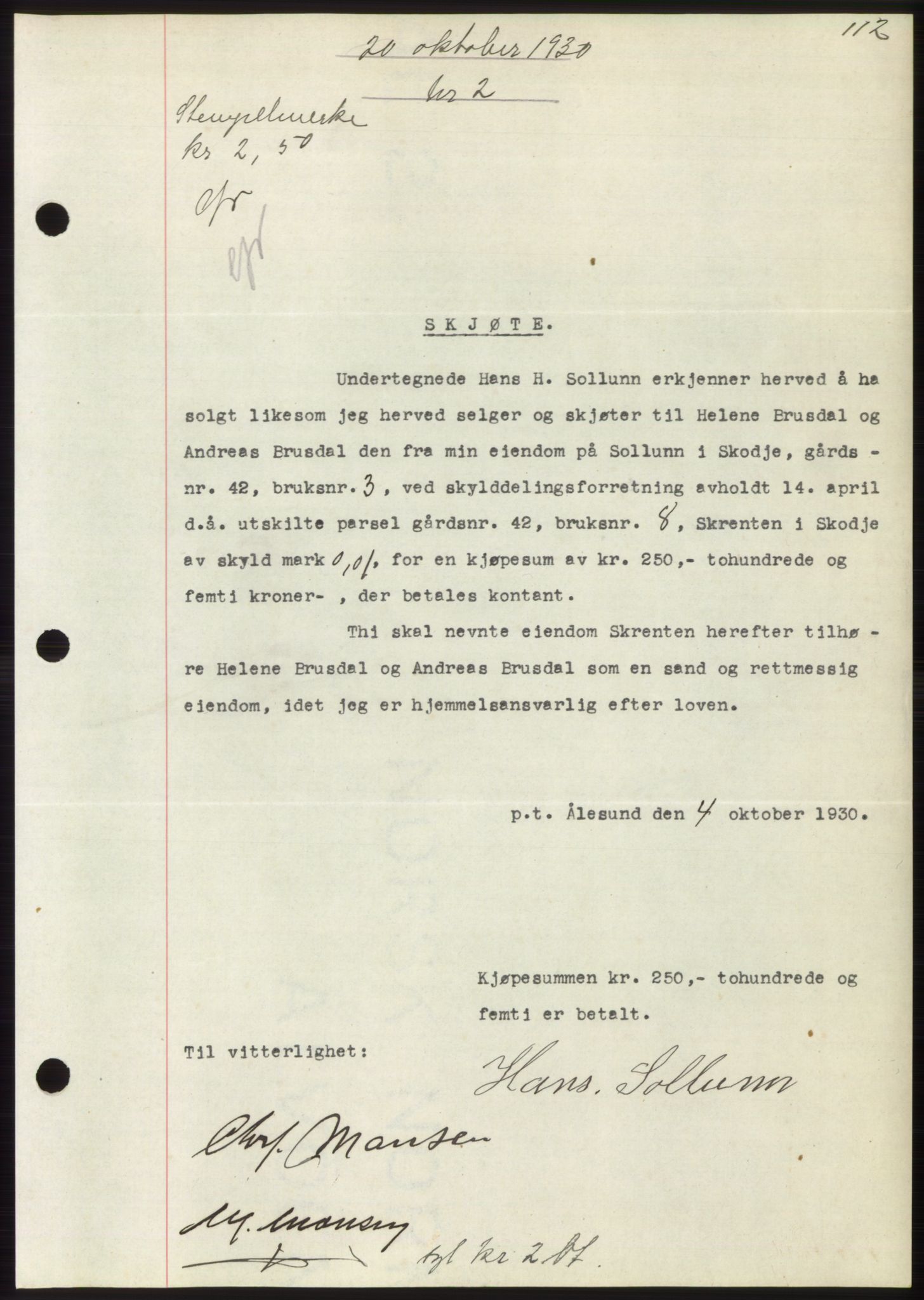 Nordre Sunnmøre sorenskriveri, SAT/A-0006/1/2/2C/2Ca/L0047: Pantebok nr. 47, 1930-1931, Tingl.dato: 20.10.1930