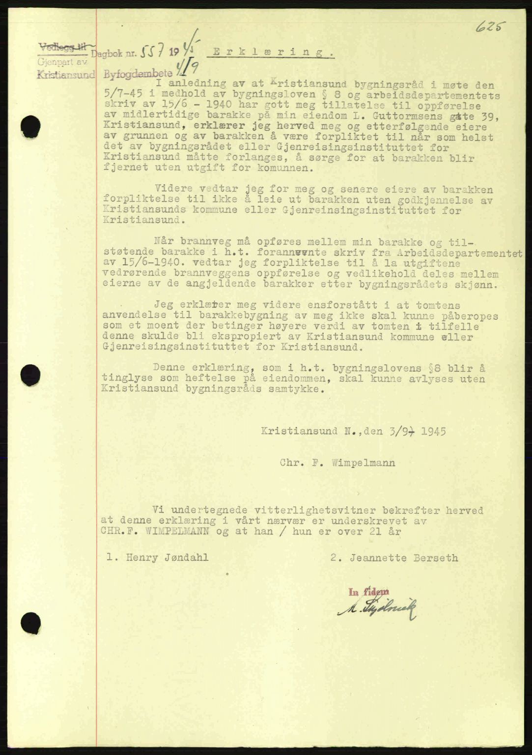 Kristiansund byfogd, AV/SAT-A-4587/A/27: Pantebok nr. 37-38, 1943-1945, Dagboknr: 557/1945