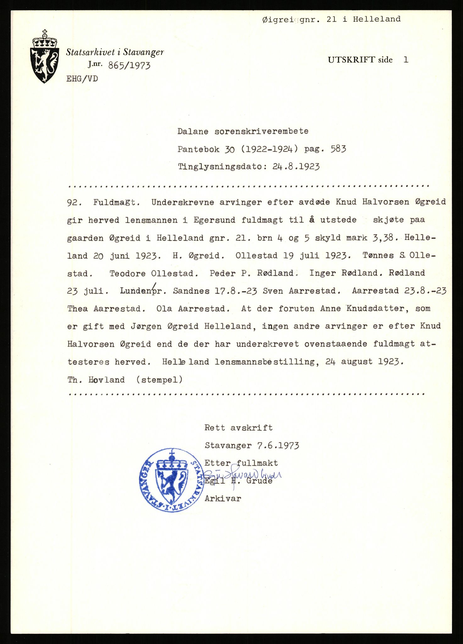 Statsarkivet i Stavanger, AV/SAST-A-101971/03/Y/Yj/L0098: Avskrifter sortert etter gårdsnavn: Øigrei - Østeinstad, 1750-1930, s. 73