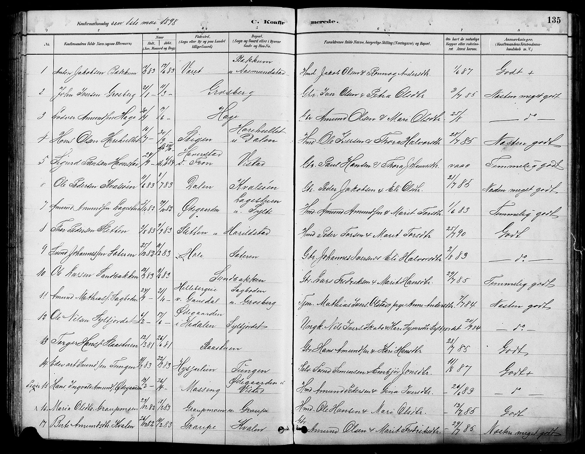 Nord-Fron prestekontor, SAH/PREST-080/H/Ha/Hab/L0005: Klokkerbok nr. 5, 1884-1914, s. 135