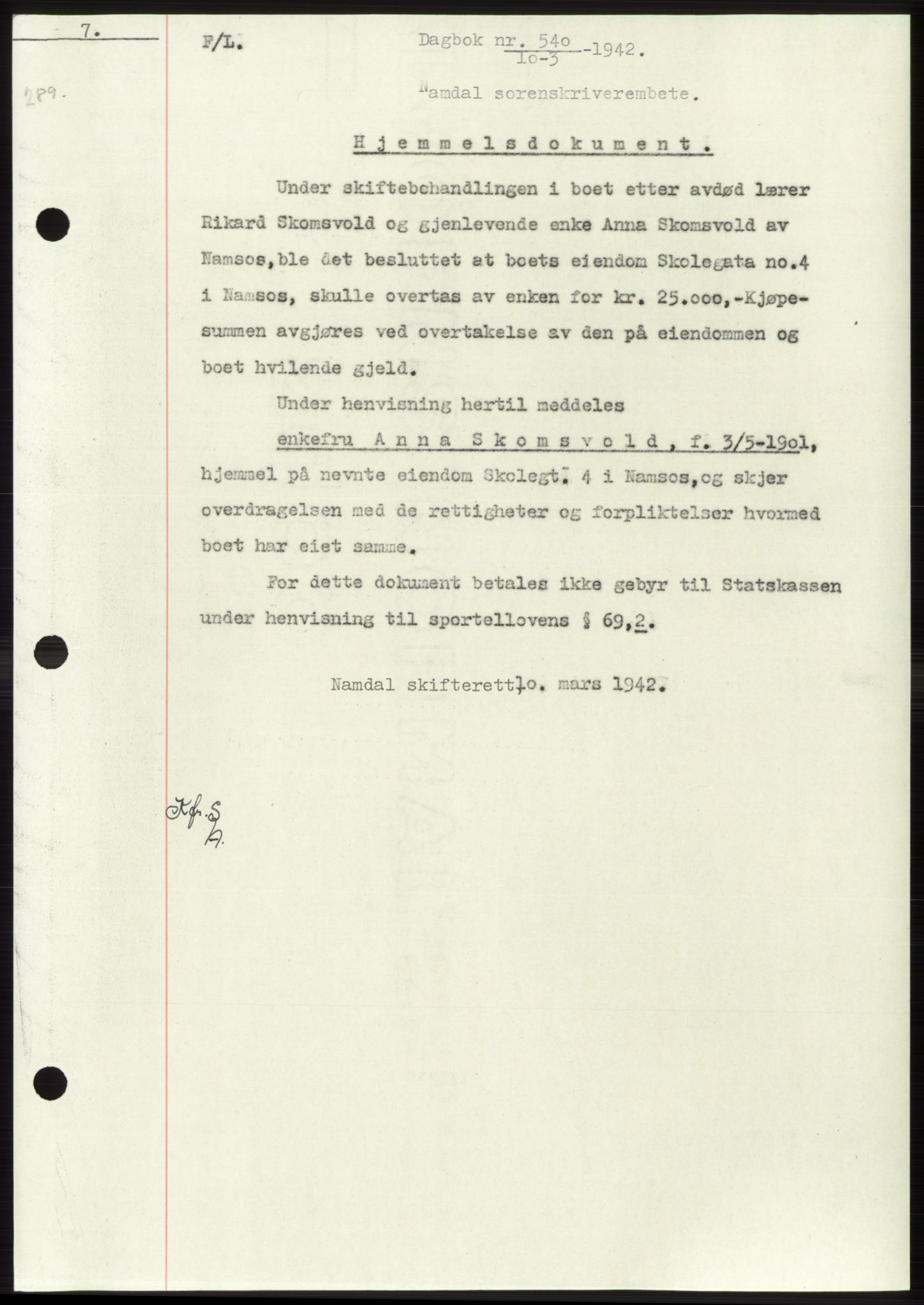 Namdal sorenskriveri, SAT/A-4133/1/2/2C: Pantebok nr. -, 1941-1942, Dagboknr: 540/1942