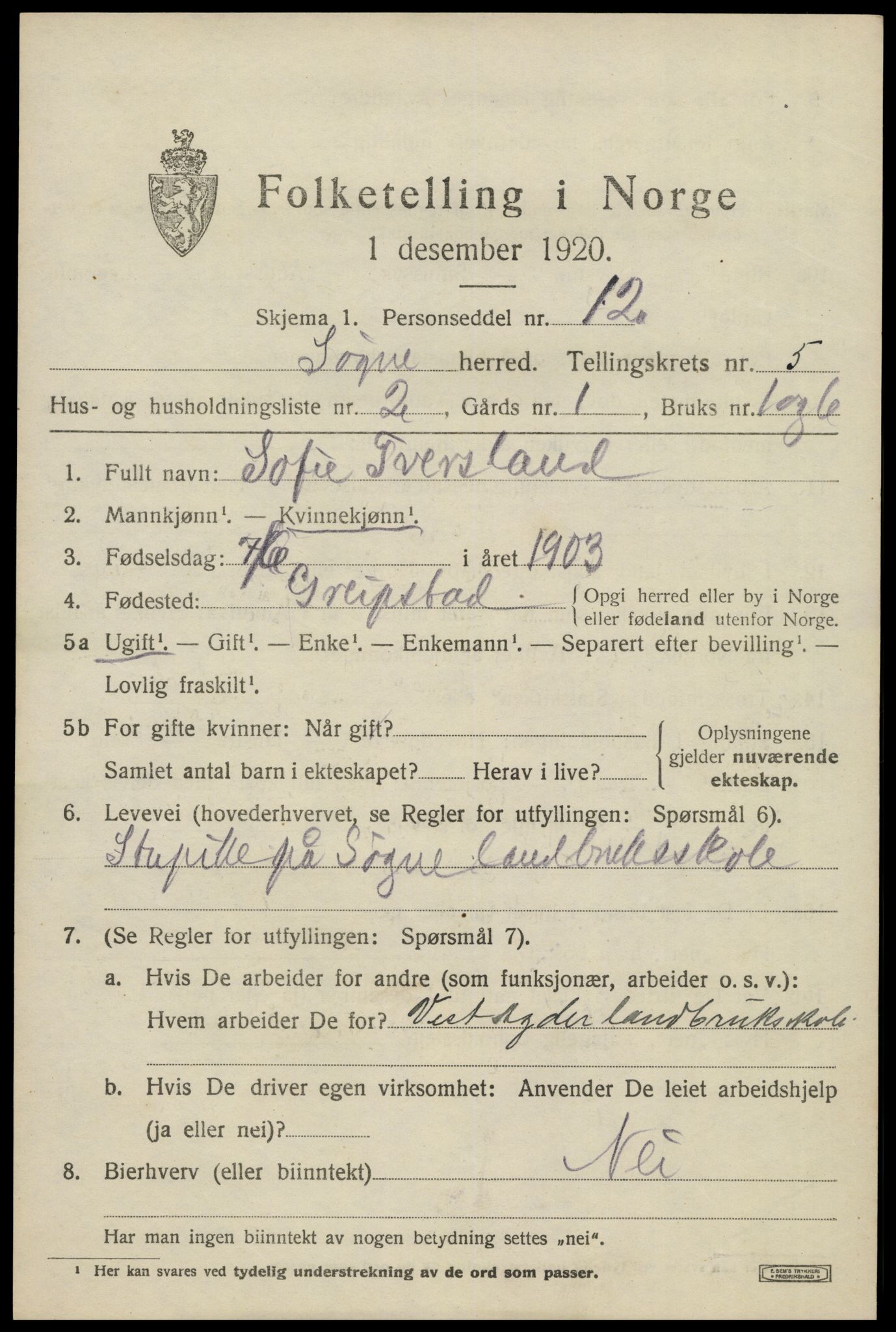 SAK, Folketelling 1920 for 1018 Søgne herred, 1920, s. 2203