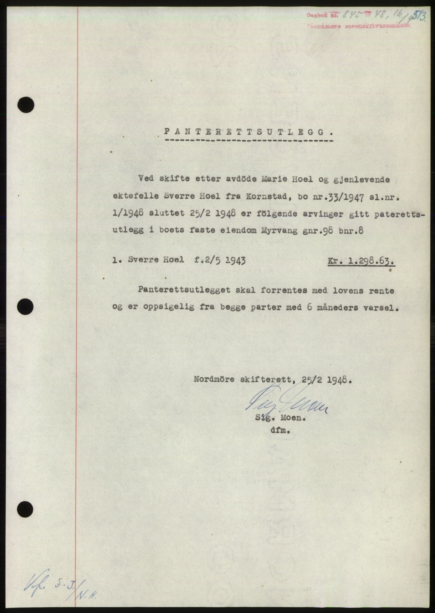 Nordmøre sorenskriveri, SAT/A-4132/1/2/2Ca: Pantebok nr. B98, 1948-1948, Dagboknr: 845/1948
