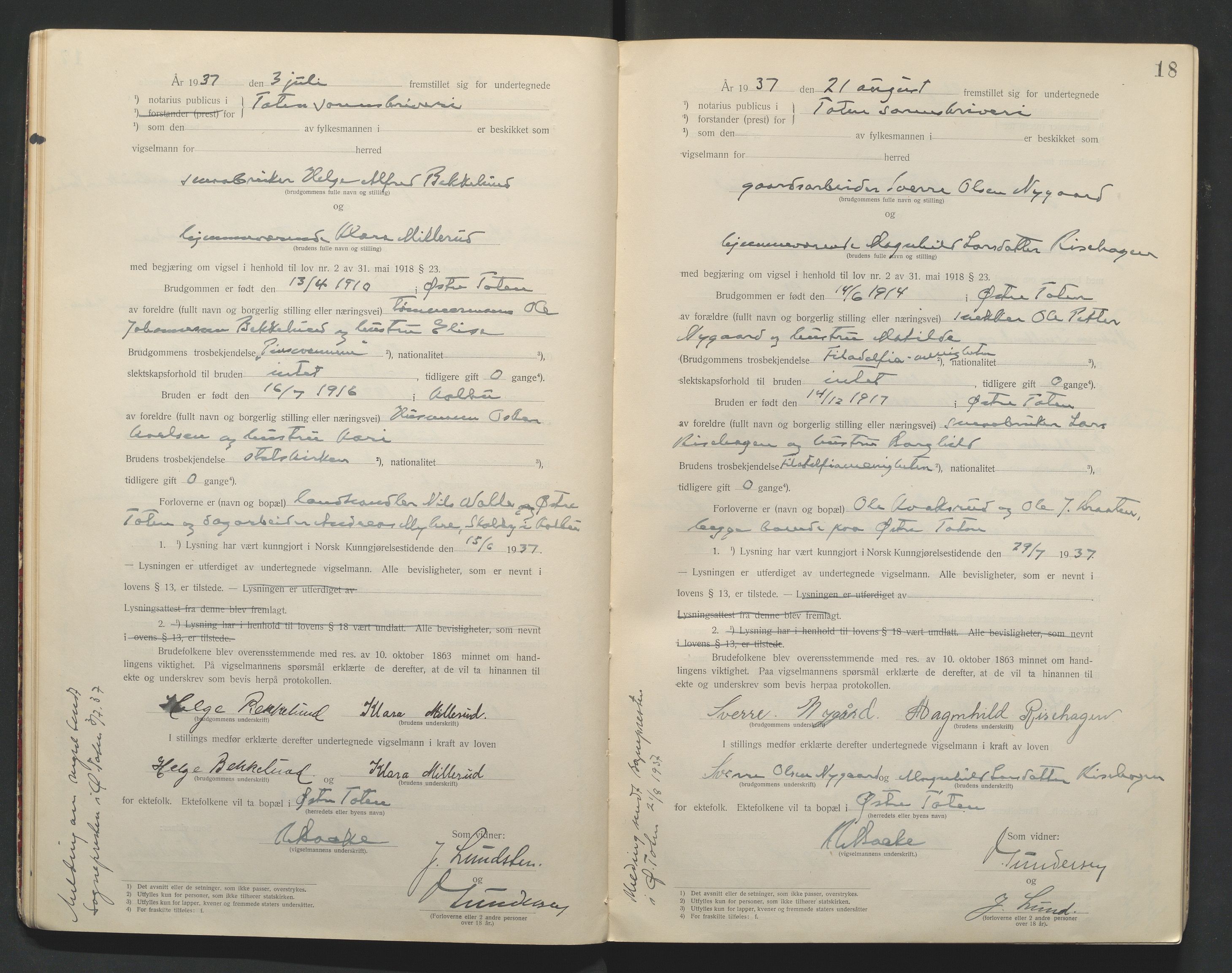 Toten tingrett, AV/SAH-TING-006/L/Lc/L0001: Vigselbok, 1920-1942, s. 18