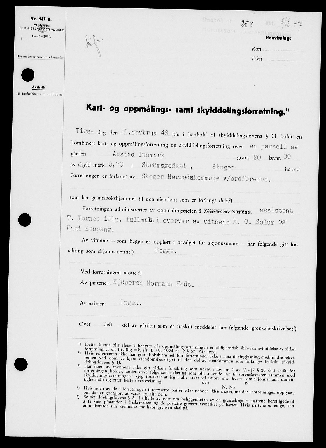 Holmestrand sorenskriveri, SAKO/A-67/G/Ga/Gaa/L0061: Pantebok nr. A-61, 1946-1947, Dagboknr: 258/1947