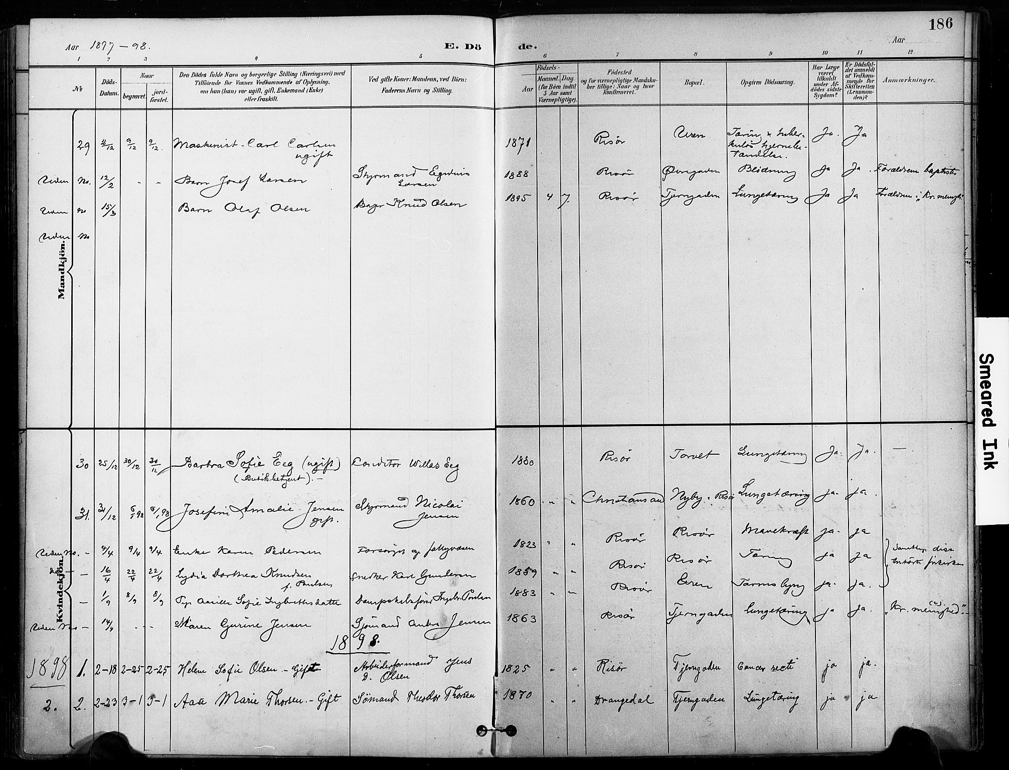 Risør sokneprestkontor, SAK/1111-0035/F/Fa/L0010: Ministerialbok nr. A 10, 1896-1906, s. 186