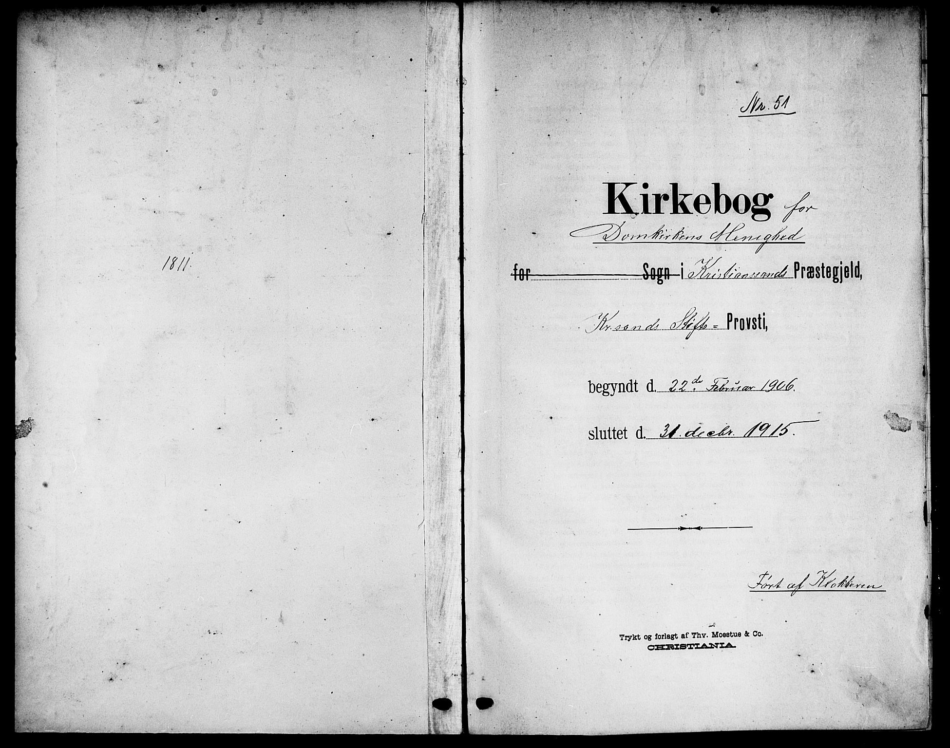 Kristiansand domprosti, SAK/1112-0006/F/Fb/L0020: Klokkerbok nr. B 20, 1906-1915